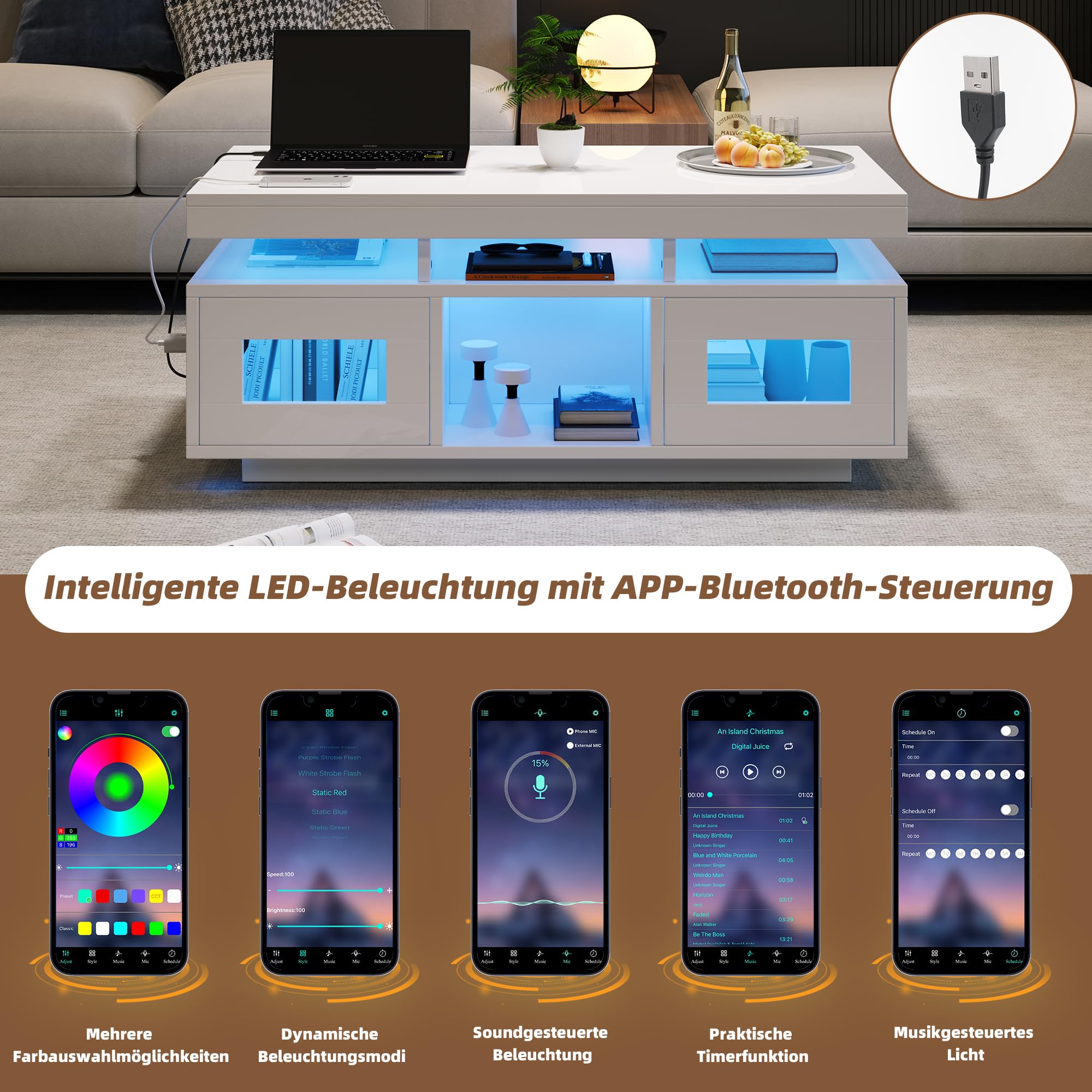 Merax Couchtisch Weiß, Wohnzimmertisch Hochglanz mit LED Beleuchtung, Beistelltisch Kaffeetisch mit Schrank & Offene Staufächer, Sofatisch mit Ladeanschluss, Rechteckiger Mitteltisch, 100×50×43cm