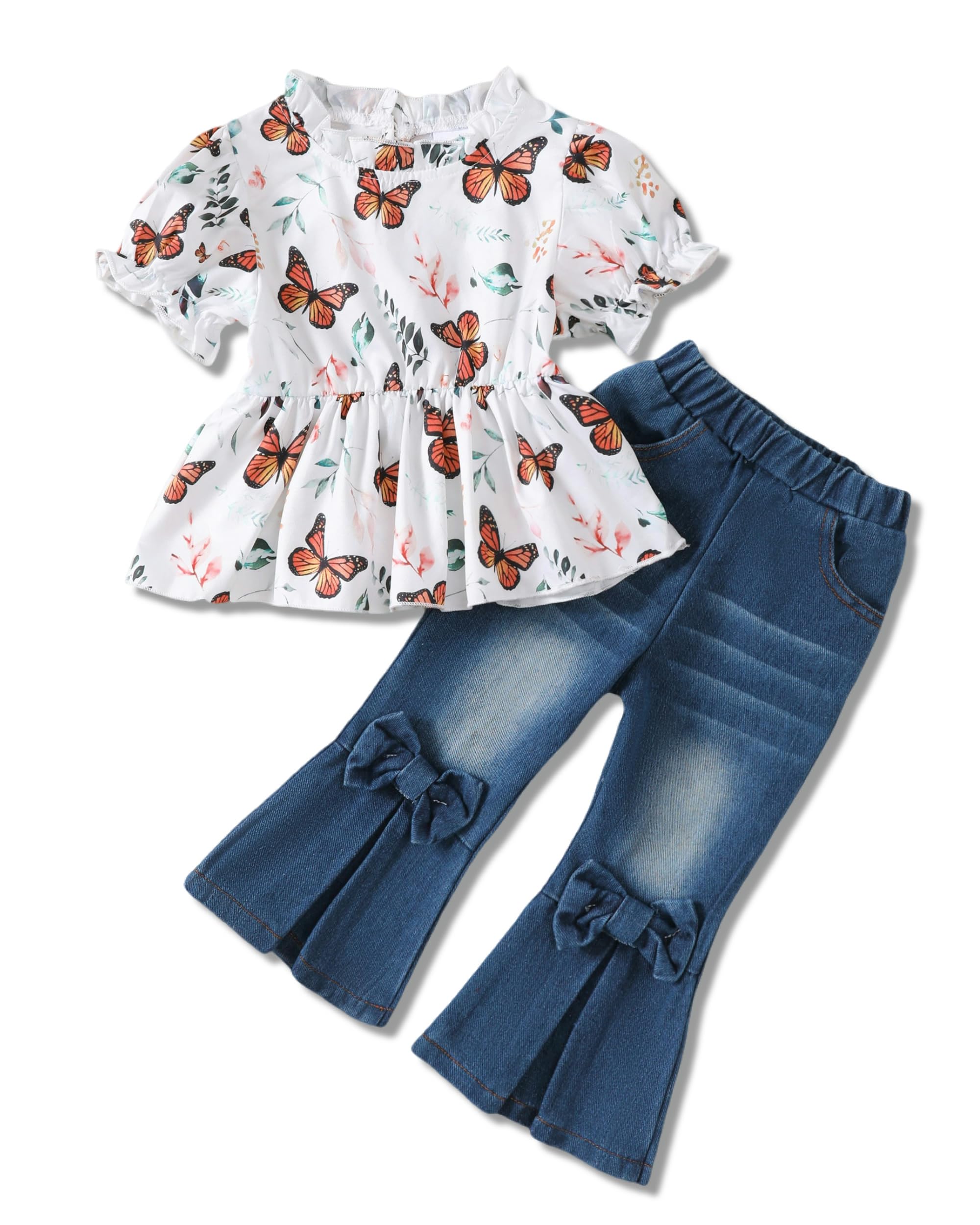 SODLON Baby Girl Clothes Toddler Girl Outfits Kids Puff Sleeve Shirt Top Flare Denim Pants Jeans Clothing for Little Girls