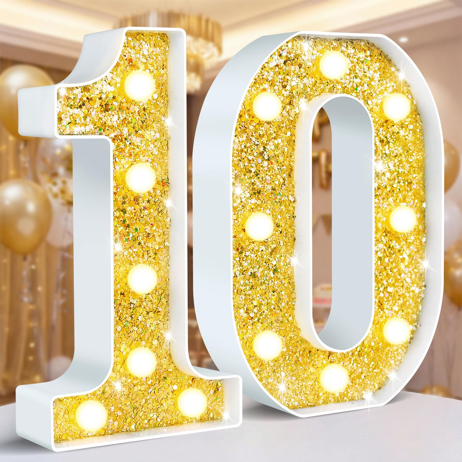 Ledido Light Up Numbers 10 Glitter, Lighted Number Sign for 10th Birthday Decorations, LED Gold Numbers as Birthday Gifts for Anniversary Wedding Party Decor, Night Lights for Bedroom Decorations