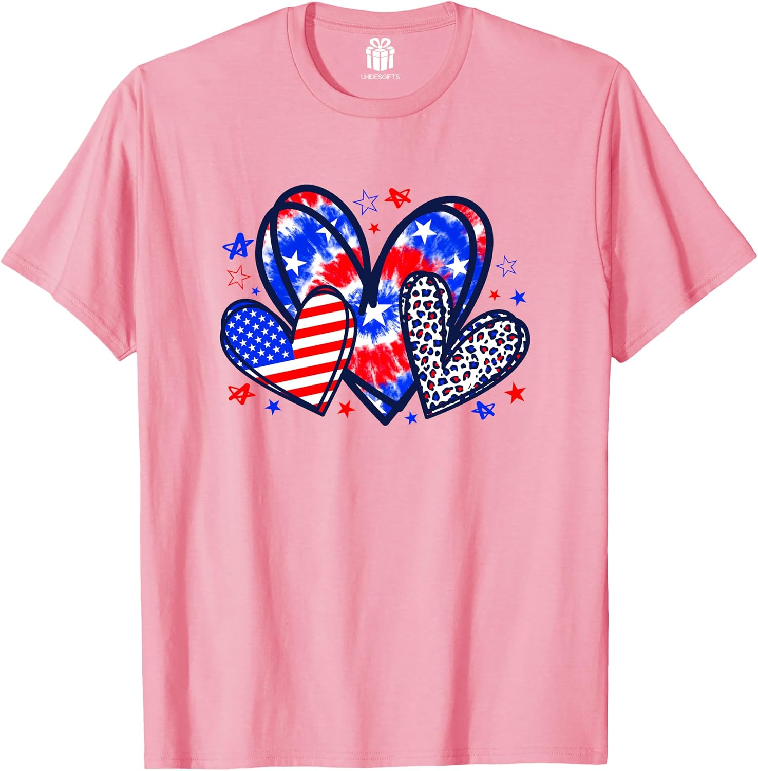 Leopard Heart Red White Blue USA 4th of July American Flag T-Shirt for Women Girls for Mom Grandma