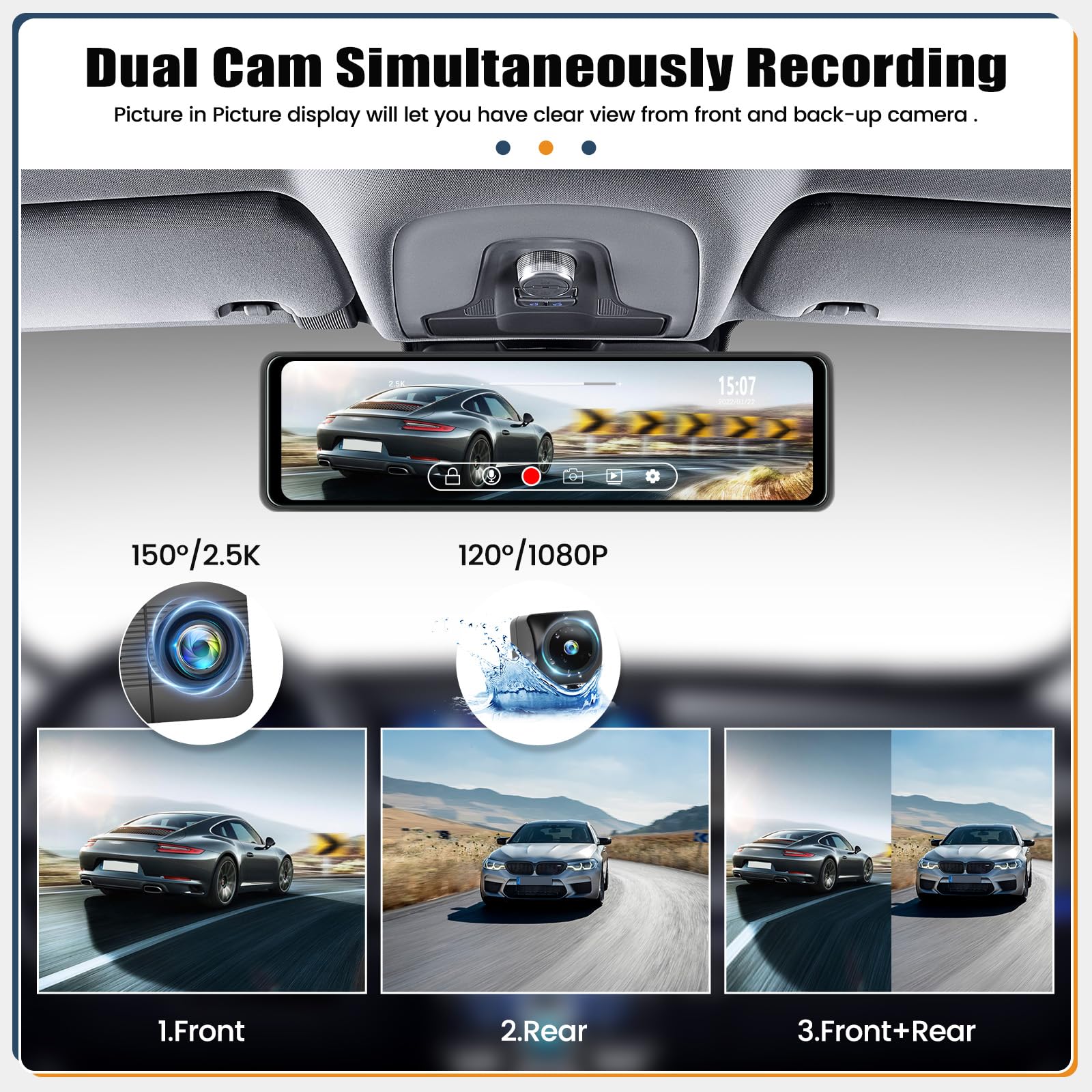SIXTOP Dash Cam 10 Pulgadas, Espejo Inteligente para Coche con GPS/Cámara Doble Panel/Visión Nocturna/Tarjeta 64G+Cámara de visión trasera