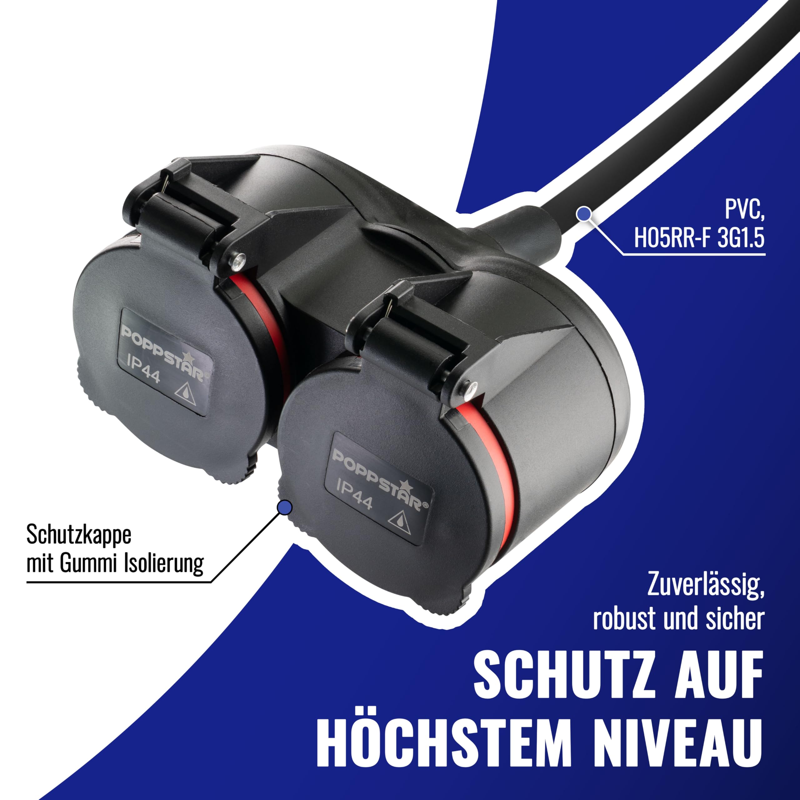 Poppstar Verlängerungskabel Outdoor 10m (Schuko Doppelsteckdose 2-Fach, IP44, 16A/3680W, H05RR-F 3G1.5), schwarz/rot