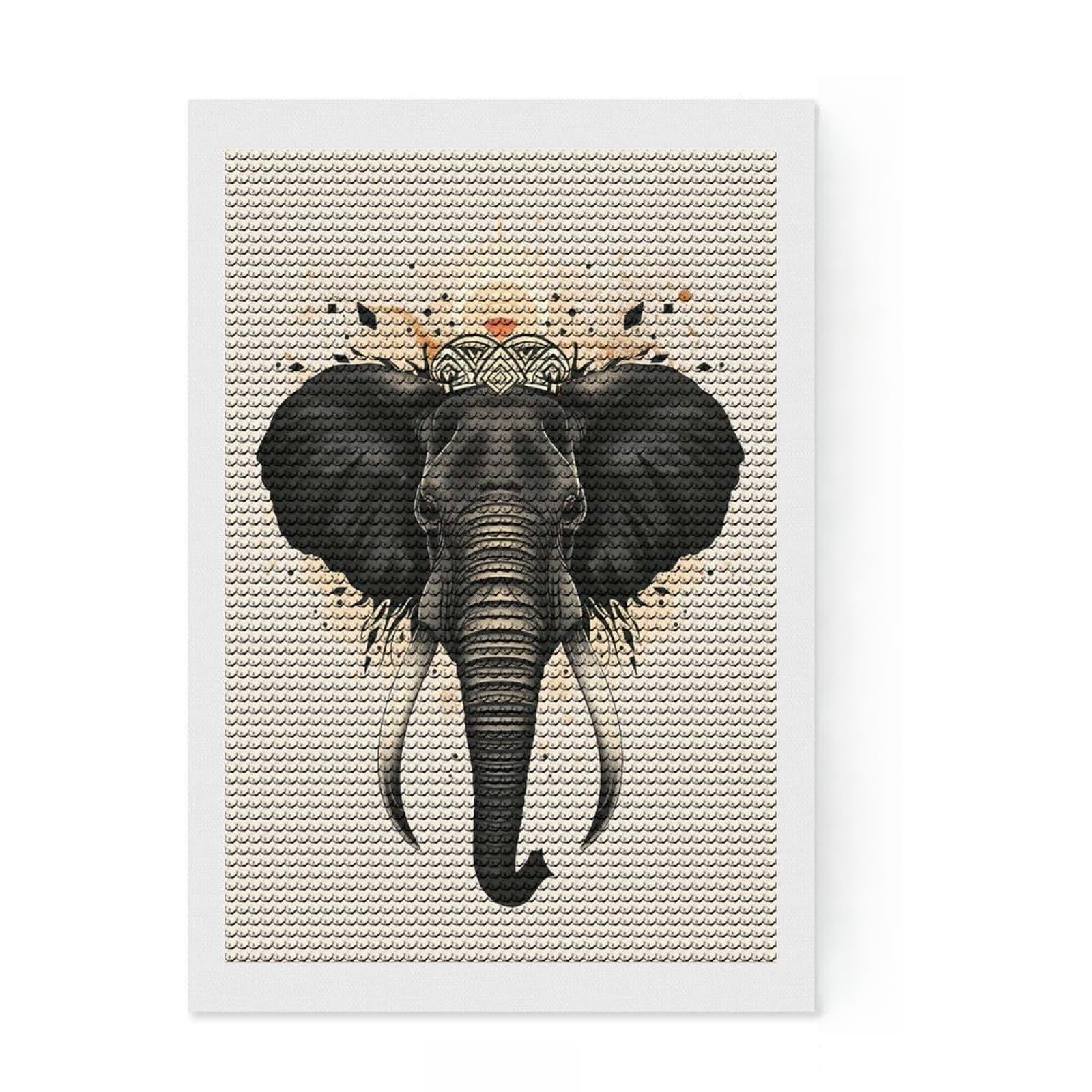 Junmoney Sacred Elephant Vector Portrait with Tribal Crown Diamond Art Kit 8"x12", for Teens, Stress Relief Craft, Home Wall Decor, Festive Craft Gift, Adhesive Canvas