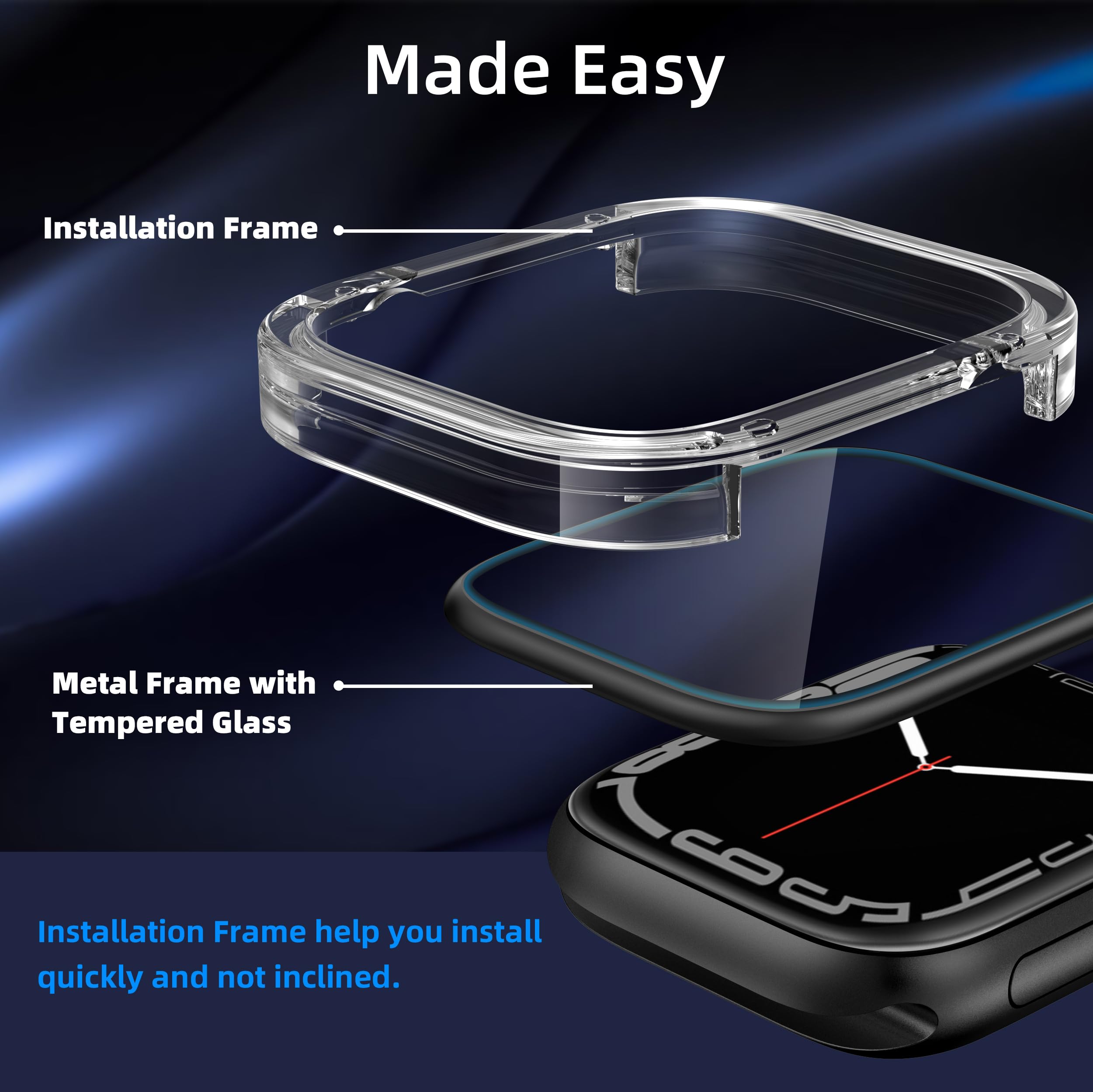 SWUU Paquete de 2 protectores de pantalla de vidrio templado con marco de metal compatibles con Apple Watch Series 9, 8, 7, 45 mm, marco de fácil instalación, película impermeable para iWatch 9, 8, 7,