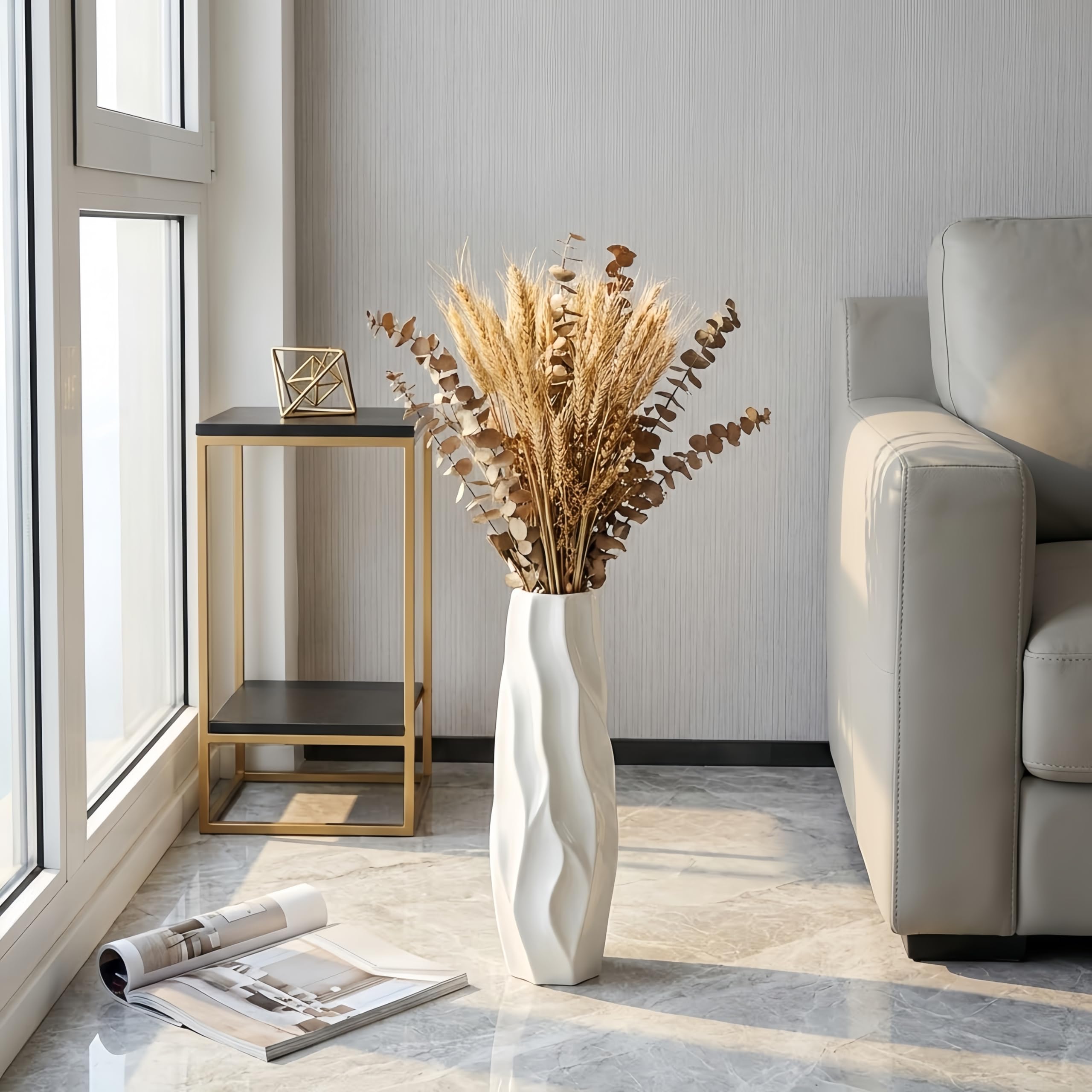 Weiße Bodenvase aus Keramik, 45 cm Groß, Minimalistische Dekovase für Blumen, Pampasgras, Für Wohnzimmer, Büro und Schlafzimmer