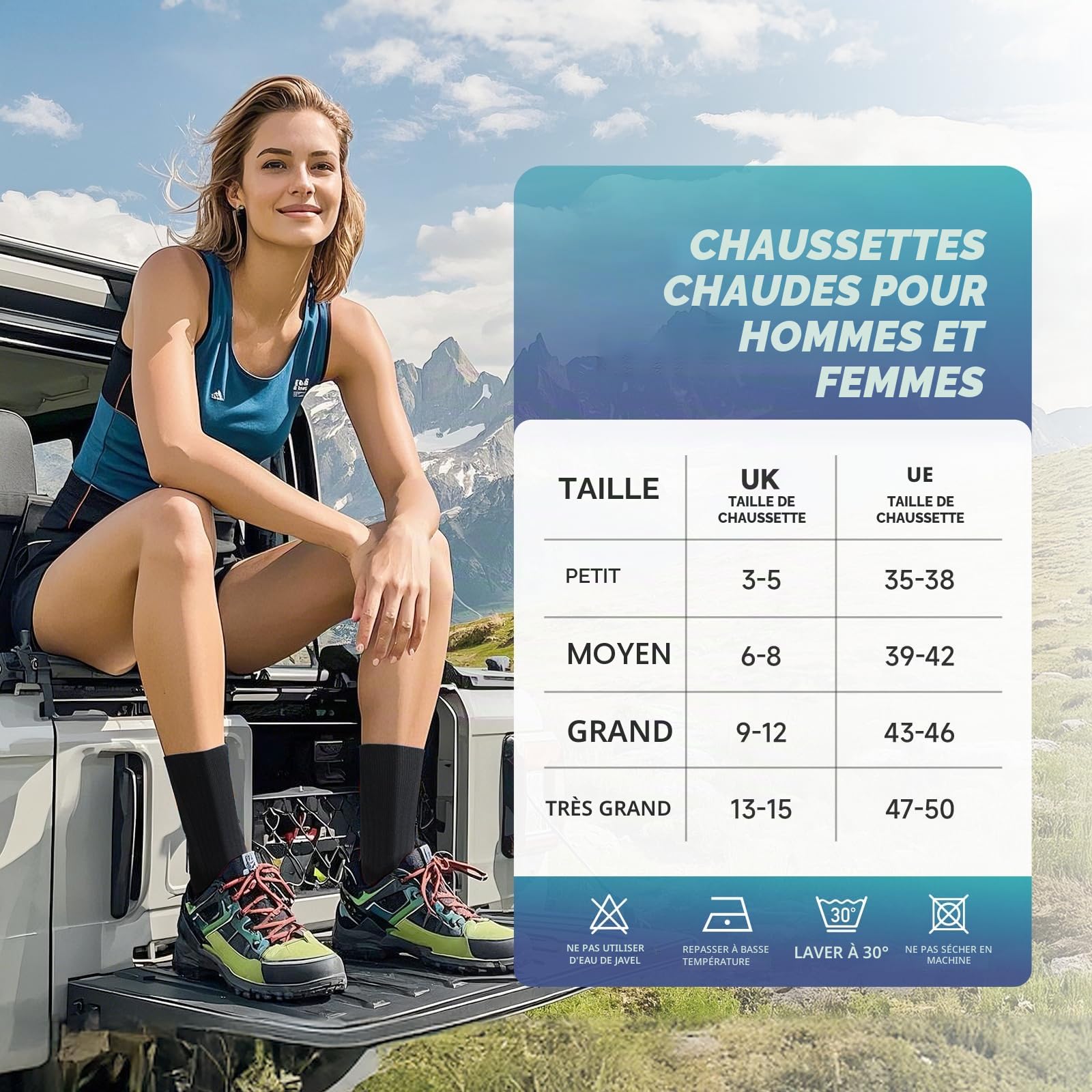 TANSTC Chaussettes Homme Femme 43-46 39-42 35-38 47-50 Chaussette Antidérapante Respirant de Randonnée en Laine Mérinos, Chaussettes Hautes Sports Trekking Course, 3 Paires