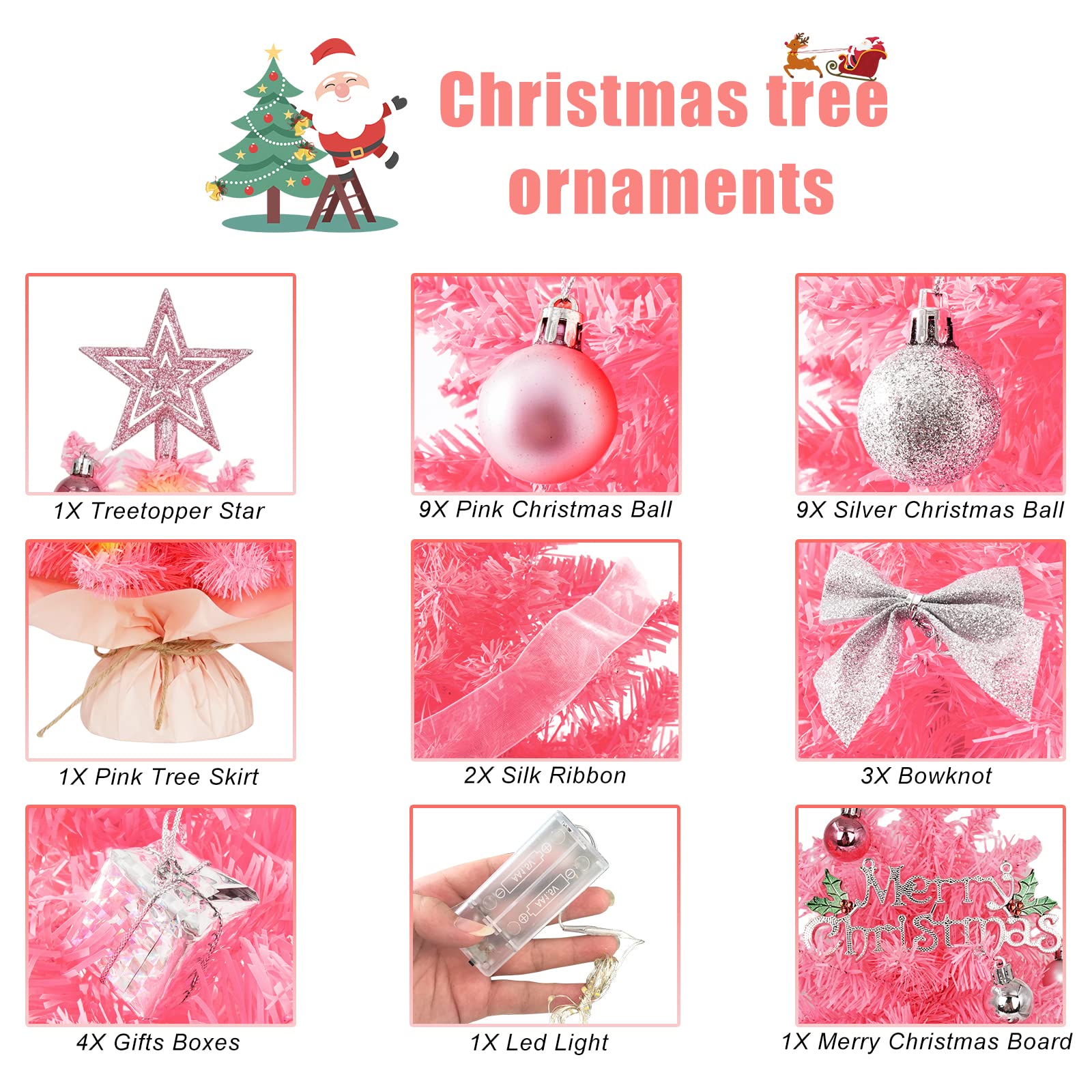 Mini árbol de Navidad rosa de 20 pulgadas, pequeño árbol de Navidad artificial con luces, árbol de Navidad de mesa con estrella en la parte superior, cajas de lazo y adornos de bolas para decoración