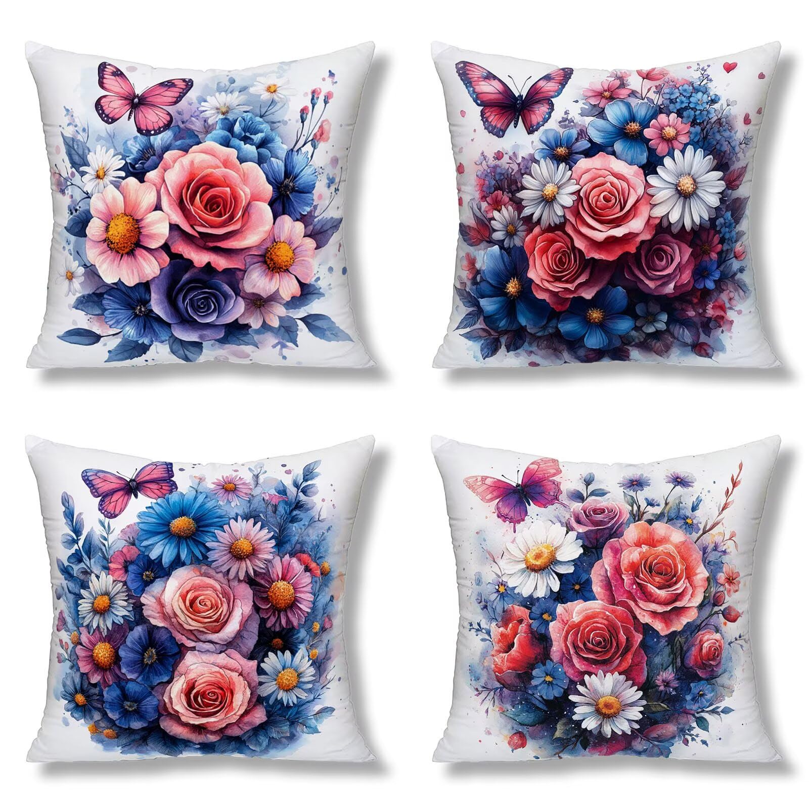 Housse de coussin extérieur bleu imperméable en lin premium motif fleur