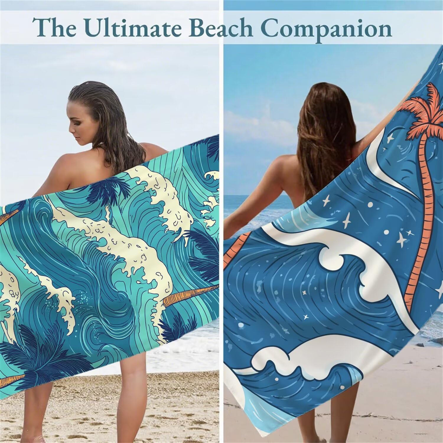 Serviette de Plage 90x200cm, Bleu Serviette Microfibre Lot de 2 Flots Motif Ultra Absorbantes Séchage Rapide Anti Sable Légère Drap de Plage avec Bouton Pression Design pour Piscine Voyages, Model446