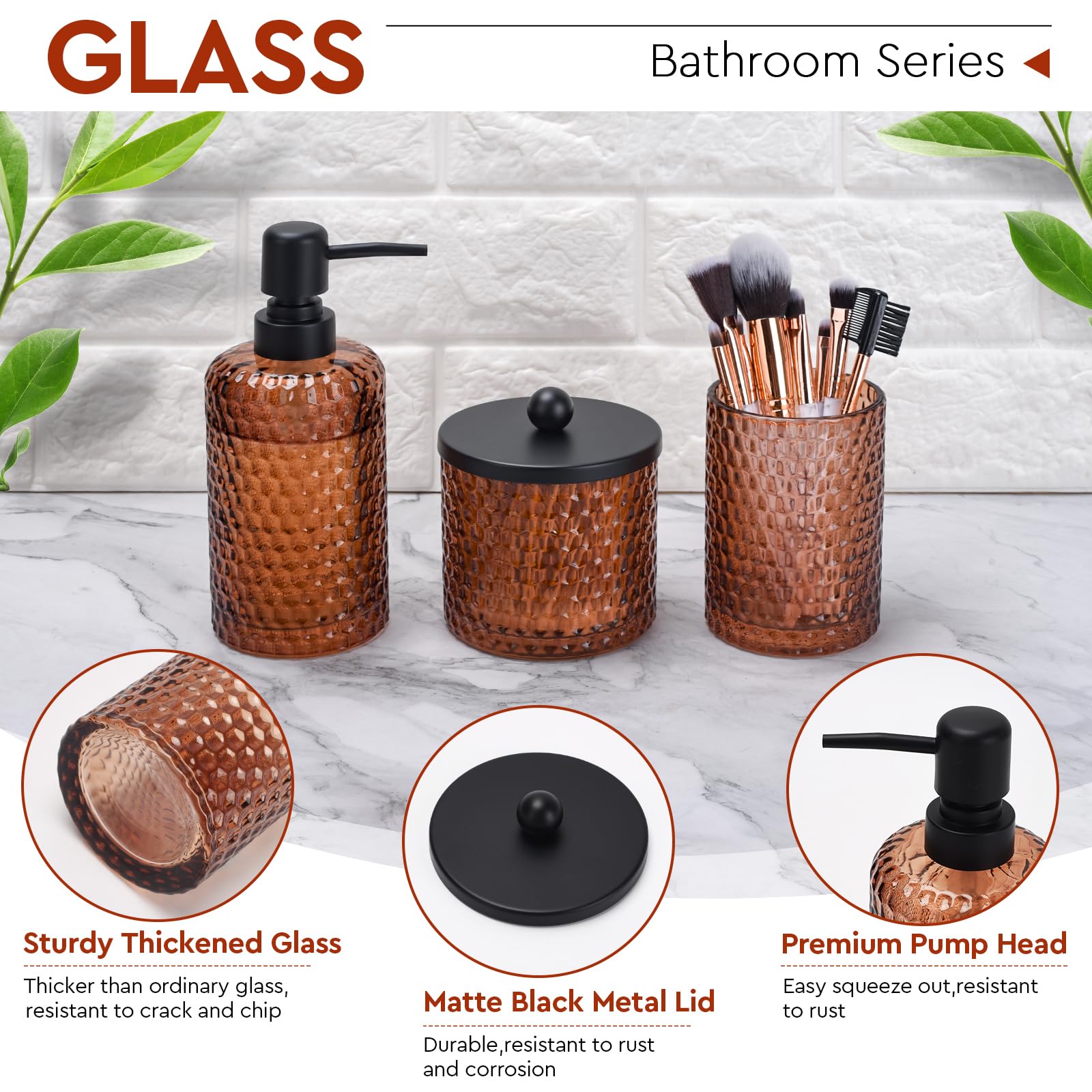 Set di accessori per il bagno, 4 pezzi in vetro ambrato set di accessori da bagno - dispenser sapone lozione, portaspazzolino, dispenser Qtip Holder e vassoio in resina, organizer da banco, ambra