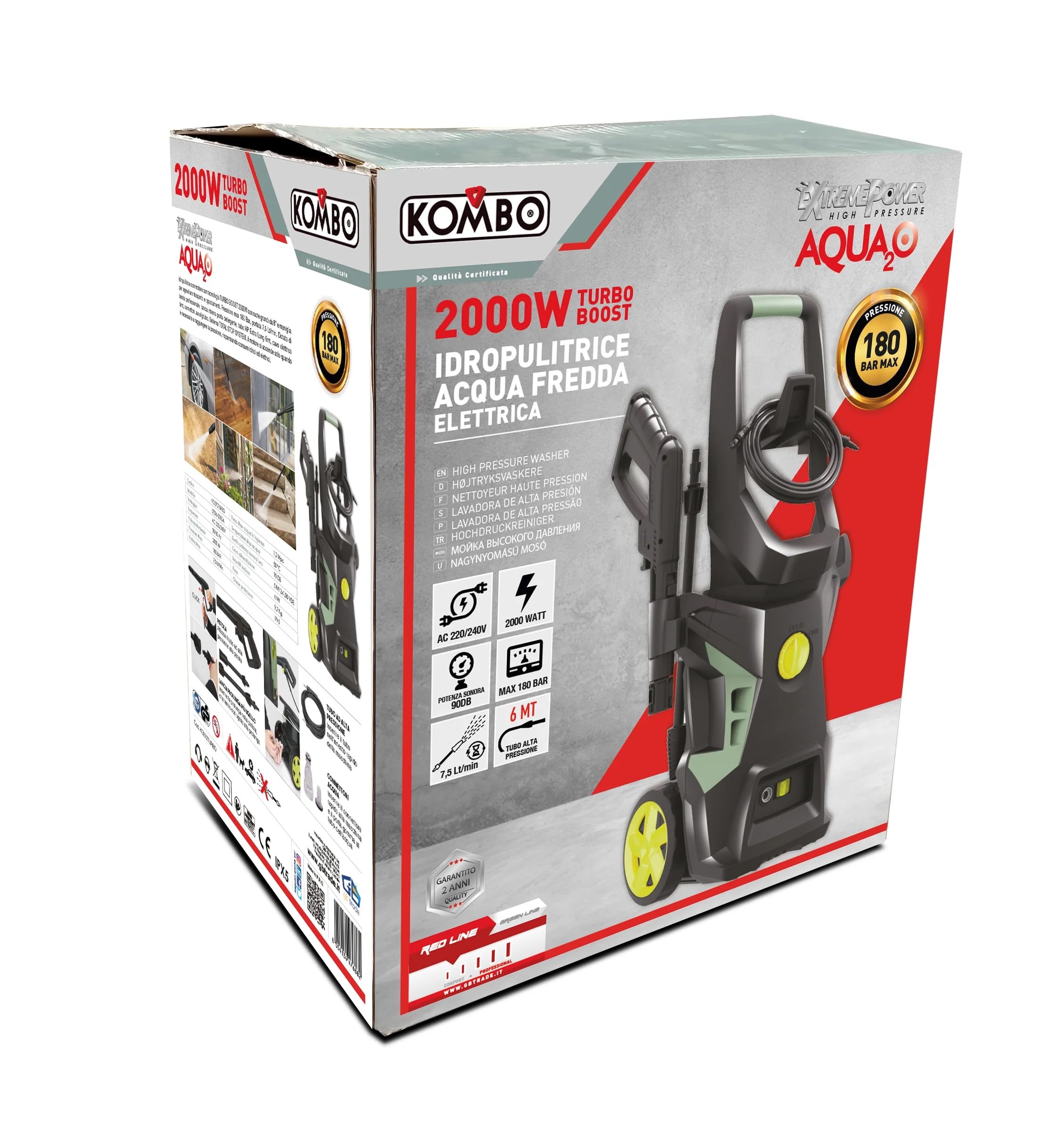 Idropulitrice KO272TURBO Acqua Fredda Elettrica 2000W | Alta Pressione 180 Bar Max, Portata 7.5 L/min, Lancia Professionale, Avvolgitubo, Tubo Alta Pressione 6m