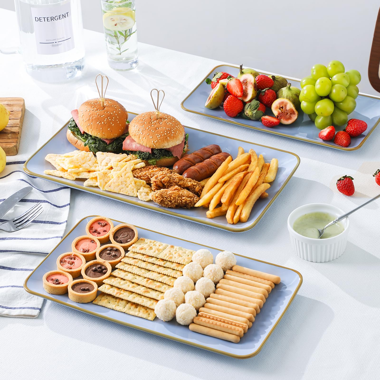Plateau de service rectangulaire en céramique : 39 cm, 36 cm, 32 cm, pour réception, dinde, fromage, sushis, collation et dessert, passe au micro-ondes et au lave-vaisselle, bleu