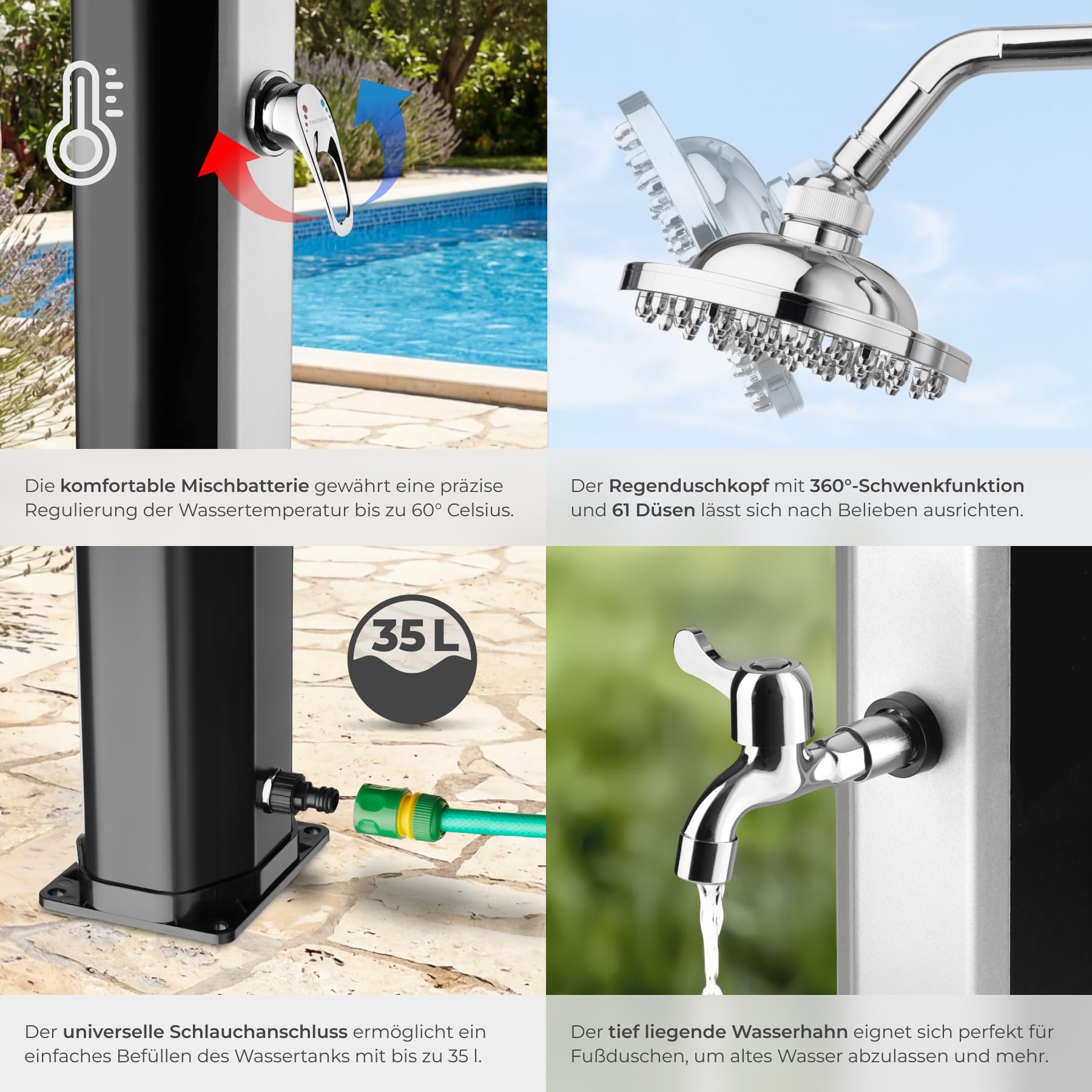 TecTake® Solardusche 35 l, bis 60° C warmes Wasser, drehbarer Regenduschkopf, mit Gartenschlauch-Anschluss und Wasserhahn, Solar Dusche Garten, Gartendusche, Camping Dusche - schwarz/Silber