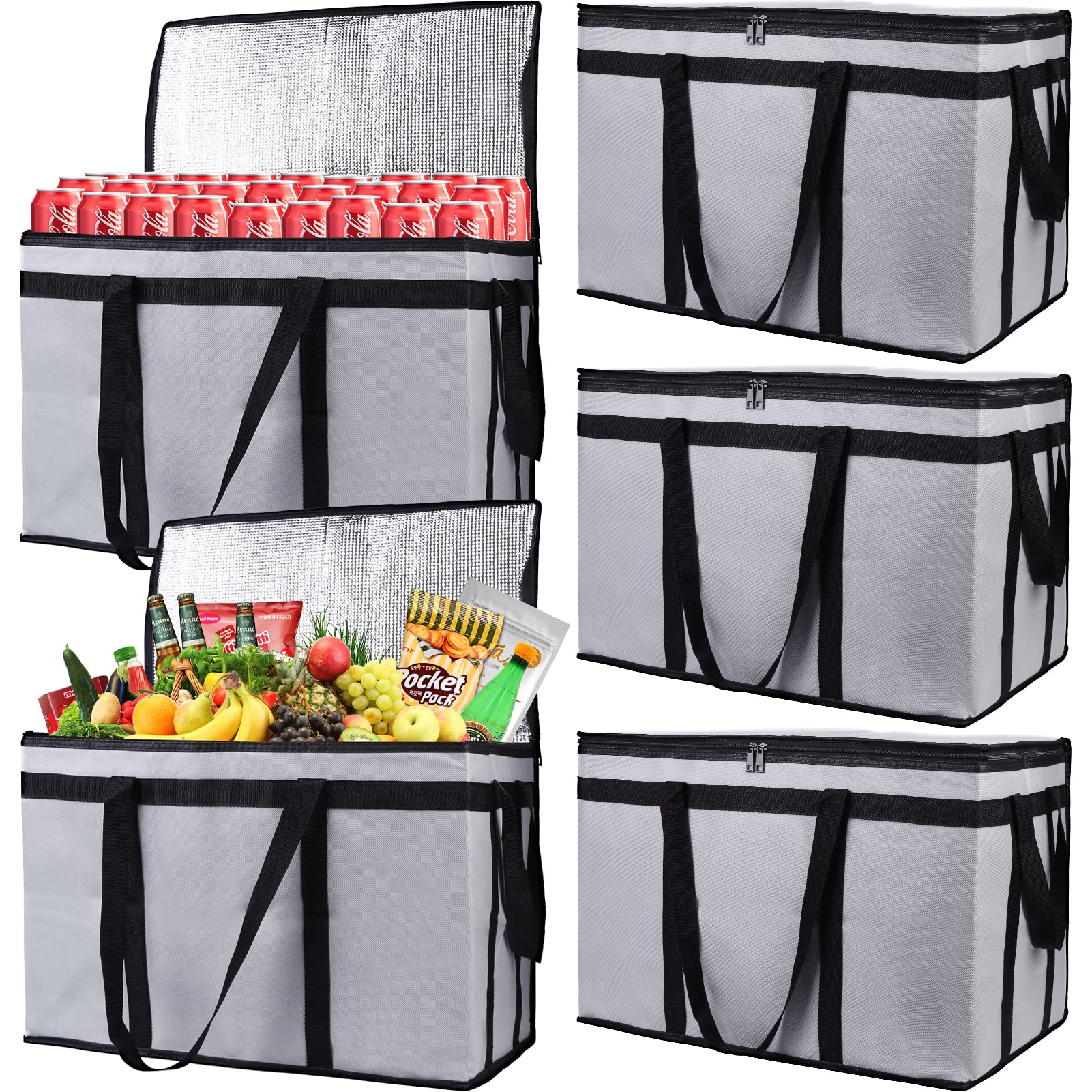 Bodaon5-Pack Insulated Food Delivery Bag for Hot and Cold Meal, XXX-Large Grocery Tote Insulation Bag for Catering, Pizza Warmer, Cooler/Thermal Bags, Grey