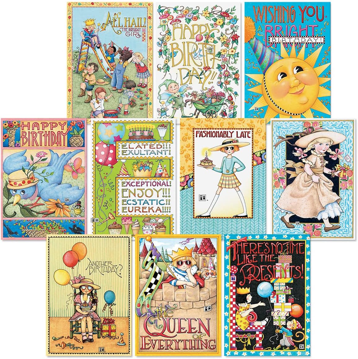 Current Mary Engelbreit Birthday Greeting Cards Value Pack Set of 20, 10 Unique Designs, Large 5 x 7 Inch Cards, Sentiments Inside, Envelopes Included