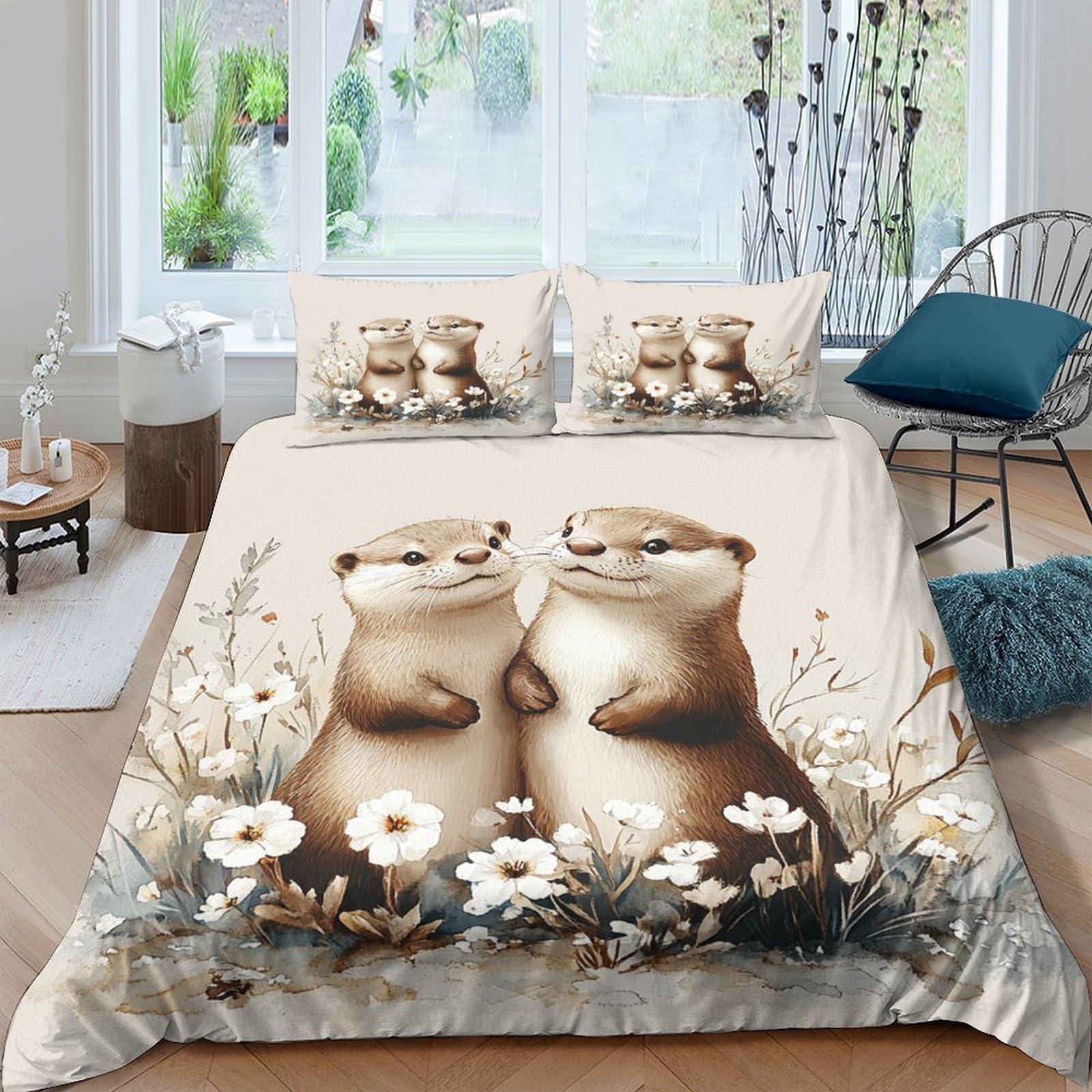 P5V6M1Q9 3D Printed Otter Floral Duvet Cover Set Microfiber Soft Breathable Animal Bedding Set with 2 Pillowcases for Bedroom Decor, Single（135x200cm）