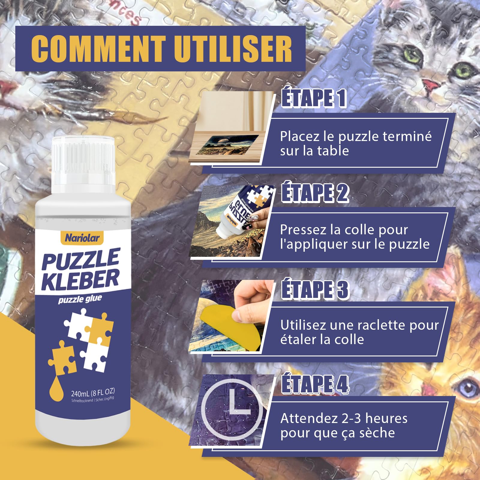 Colle Puzzle Transparent 240 Ml + Applicateur – Séchage Rapide, Finition Brillante, Pour 3000-6000 Pièces