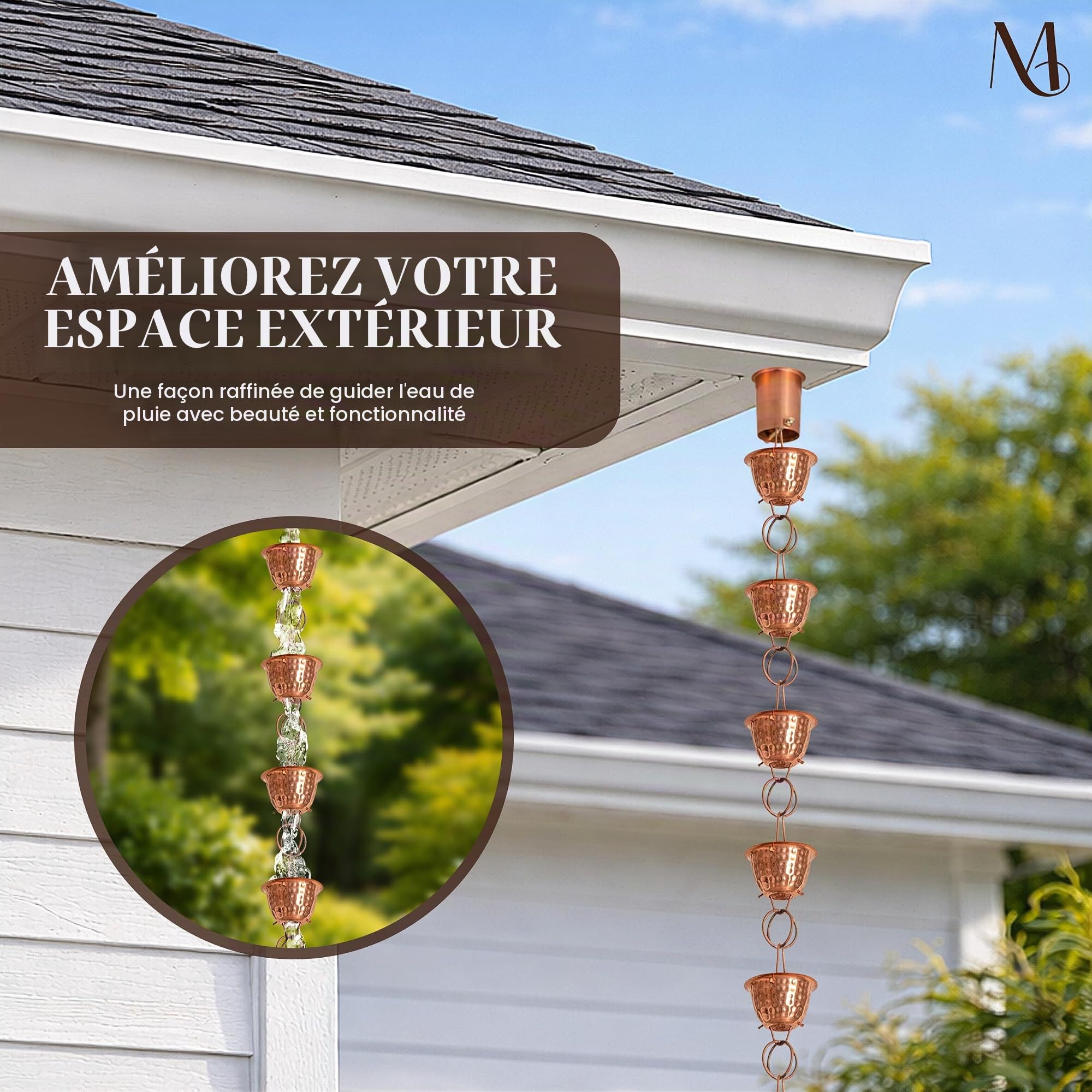 Monarch Rain Chains 26558, haîne de Pluie forgée en cuivre Pur, pour gouttières, Longueur 2,6 m