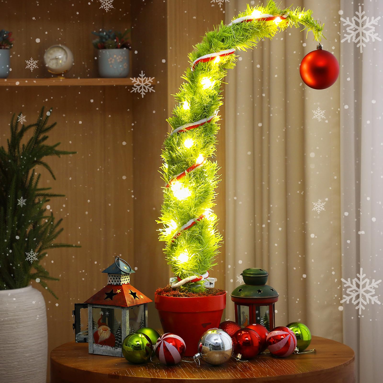 VioraWhite 2ft Whimsical Christmas Tree Large Lime Green Artificial Curved Prelit Xmas Tree with Red Ball and 30 LED Light String for Indoor Outdoor