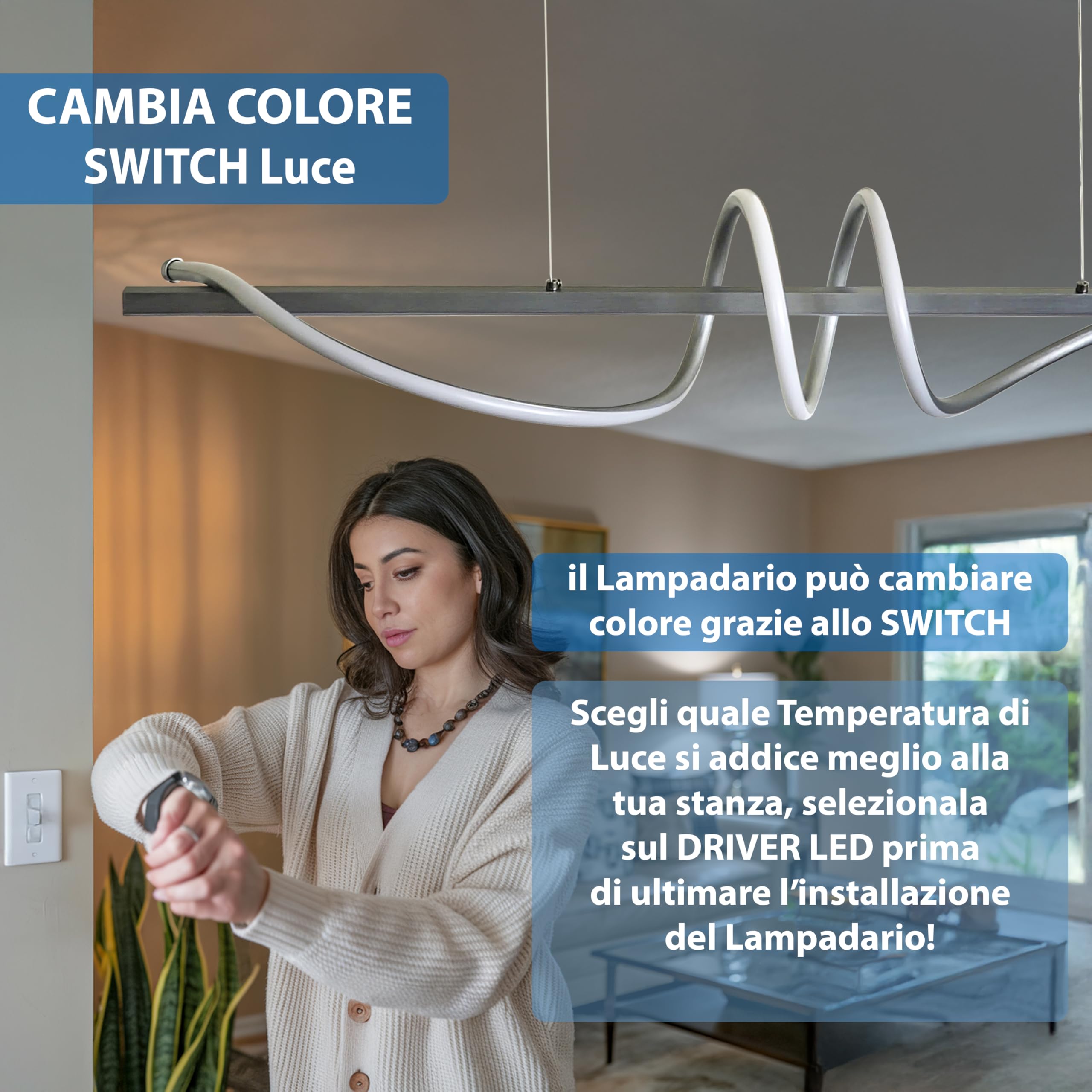 Maka Lampadario a Sospensione LED Soggiorno, Lampada Cambio Temperatura Luce Calda-Naturale-Fredda, Design a Onde, 65 Watt 7150 Lumen, 220 Volt, Lampadario Camera da Letto (Switch Argento)
