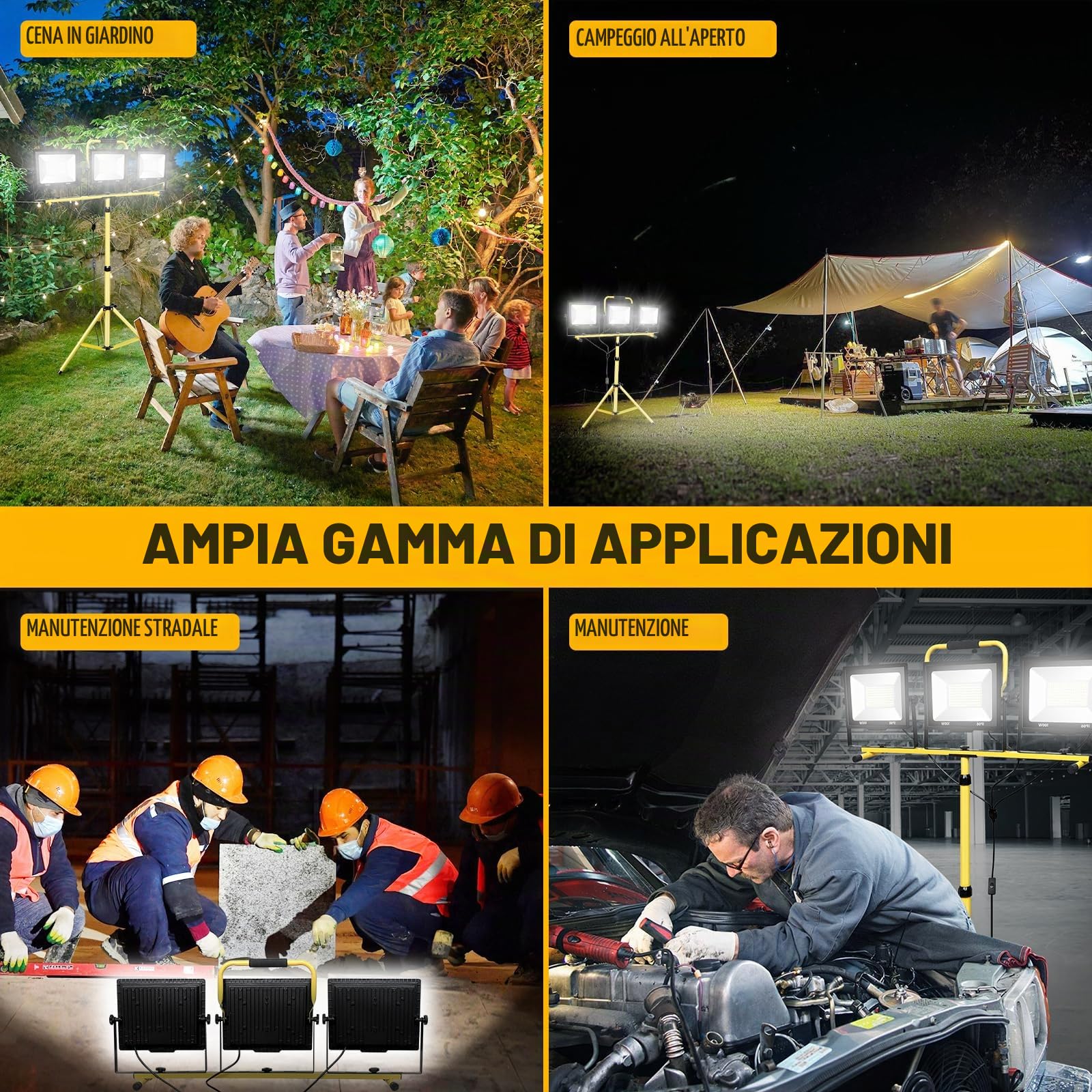 RIGIDON 300W 3x proiettore led da lavoro, treppiede faretto led, 6000K | altezza regolabile 36cm to 239cm, cavo 5 metri, faretti, interno, esterno, campo sportivo, cantiere, garage, luci officina