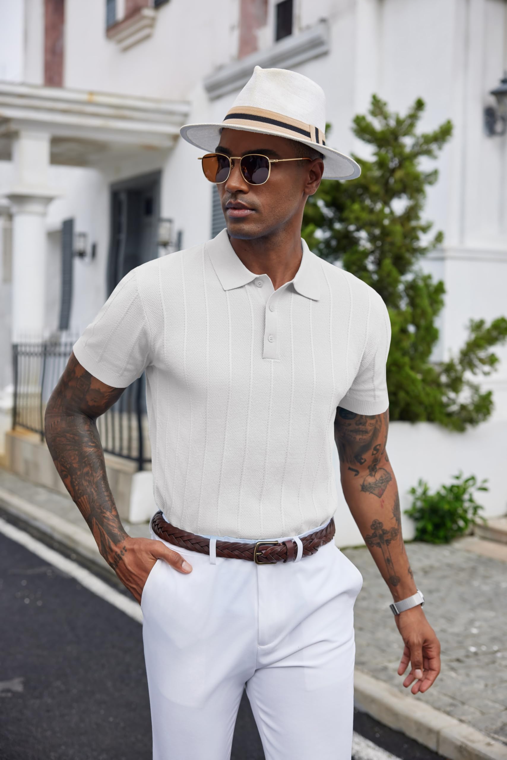 COOFANDY Polo en tricot à manches courtes côtelé texturé pour homme - Léger et décontracté - Col