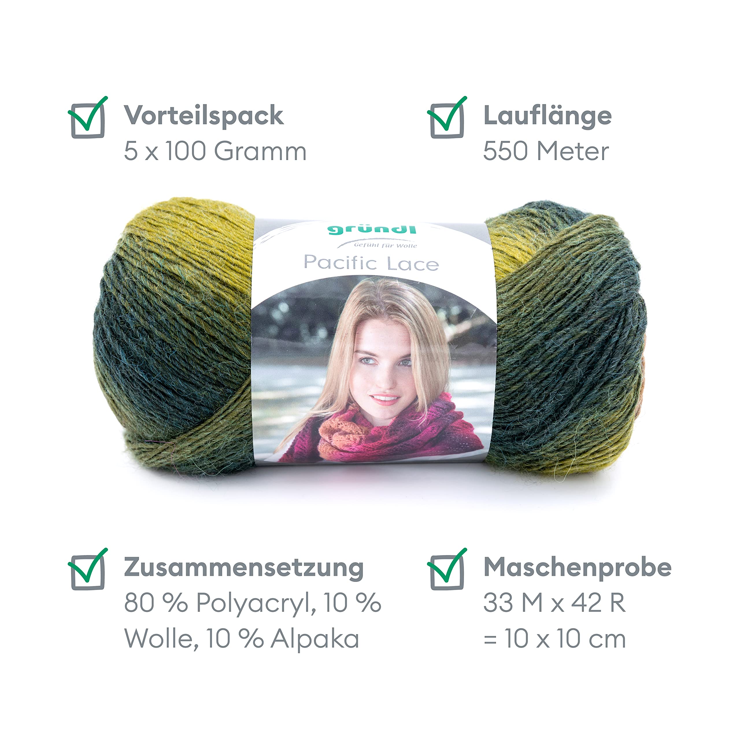 Gründl Pacific Lace Pack of 5, Chestnut Moss Green 09, 5X 100g - Image 2