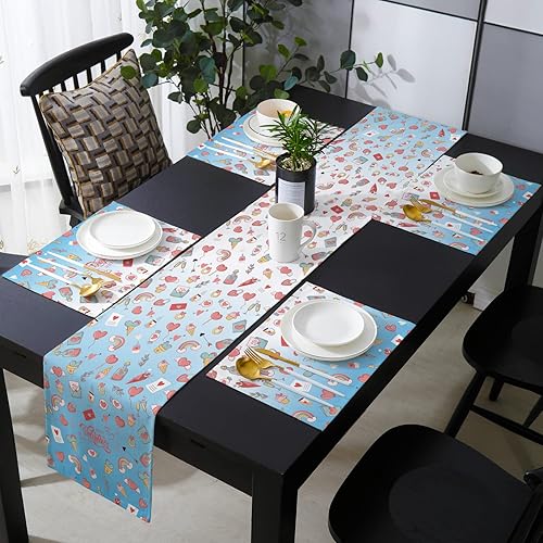 Juego de manteles individuales de San Valentín con camino de mesa a juego de arpillera de algodón y lino 4 manteles individuales camino de 13 x 90