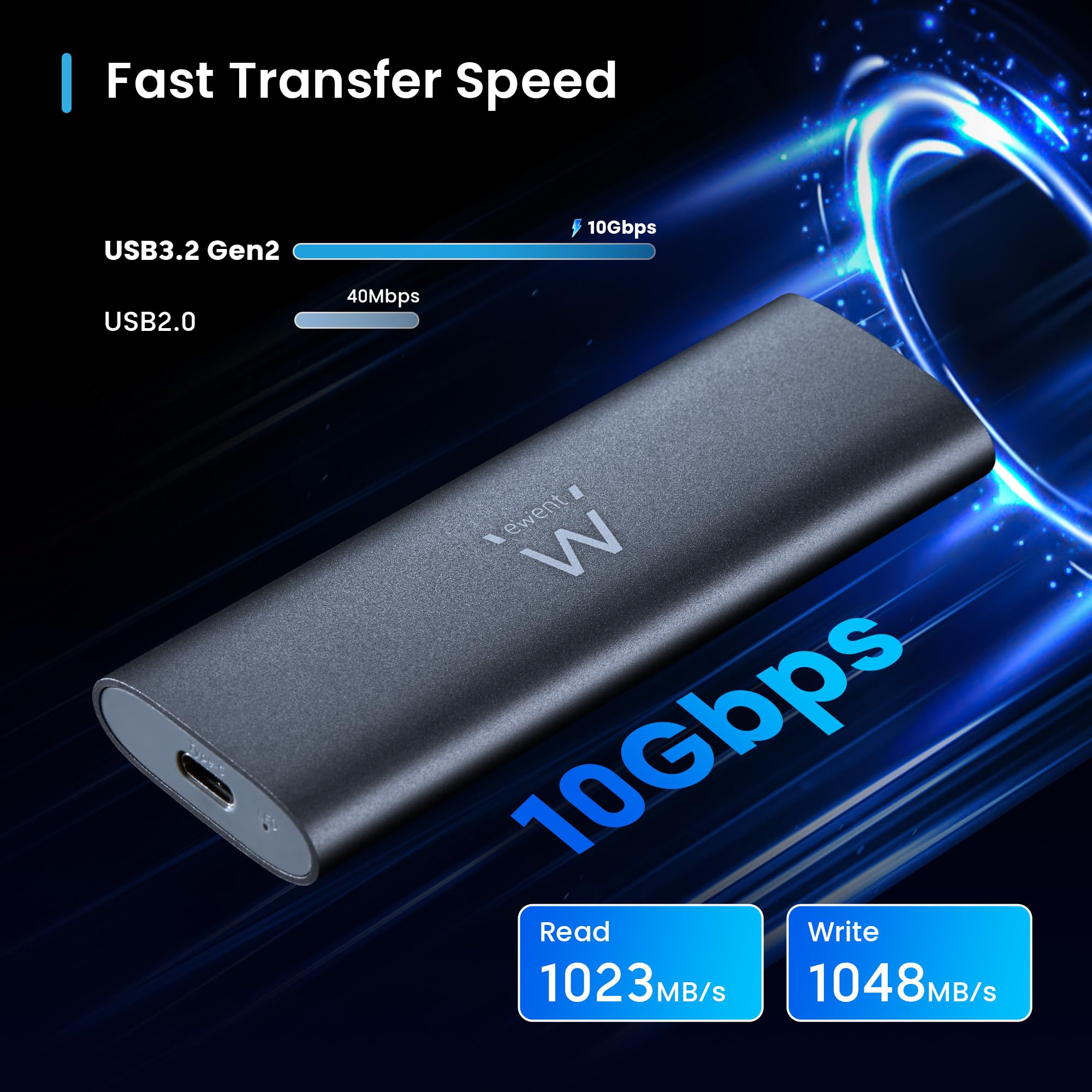 Ewent Box Esterno USB 3.2 Gen2 per SSD M.2 NVMe PCIe – Custodia Case Hard Disk in Alluminio, supporta Key M 2230-2280, velocità fino a 10 Gbps, senza viti, compatibile USB-C / A, UASP & TRIM