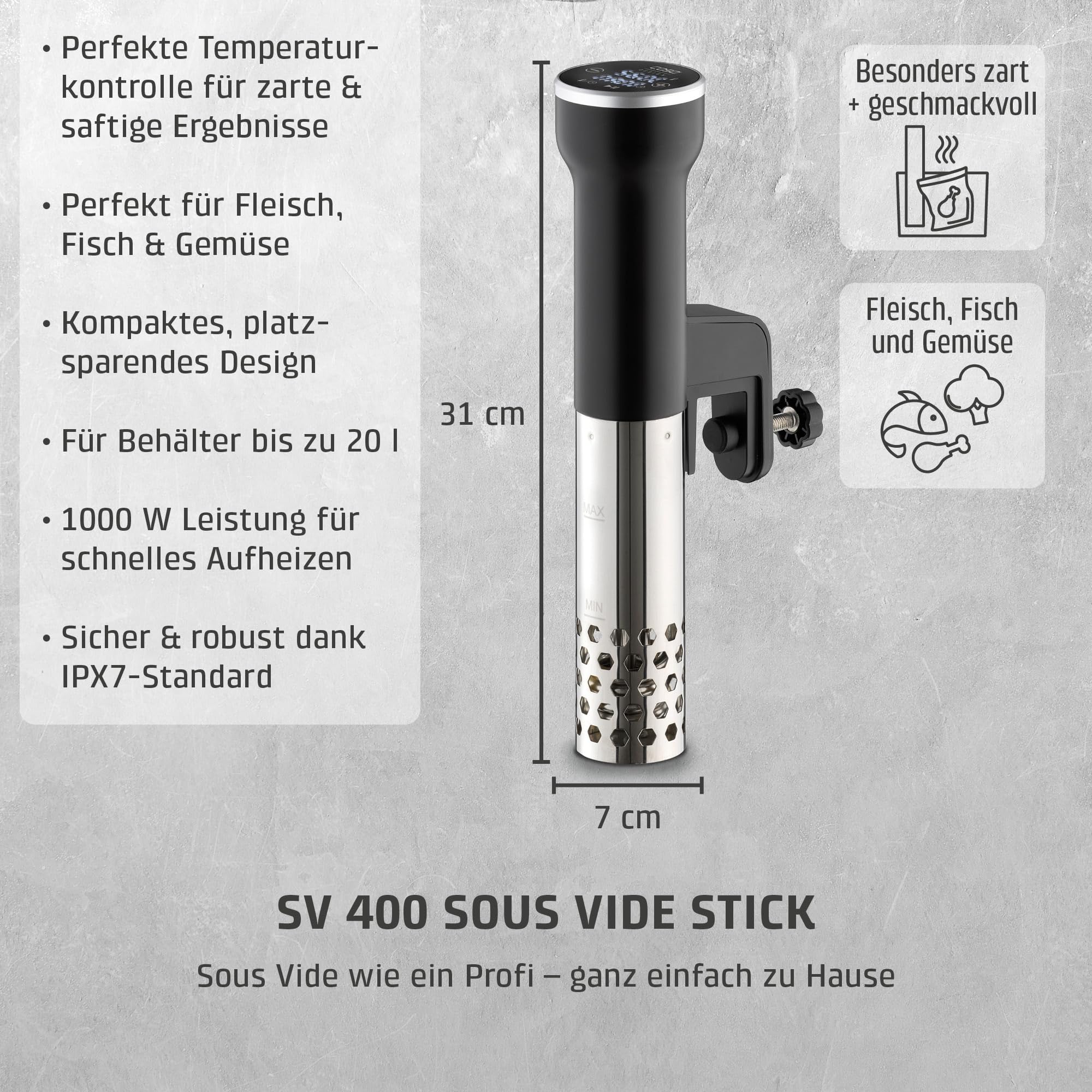 CASO SV400 Sous Vide Stick, Testsieger Haus & Garten Test für Behälter bis 20l Volumen, 25-90°C in 0,5°C Schritten, IPX7, platzsparendes Design