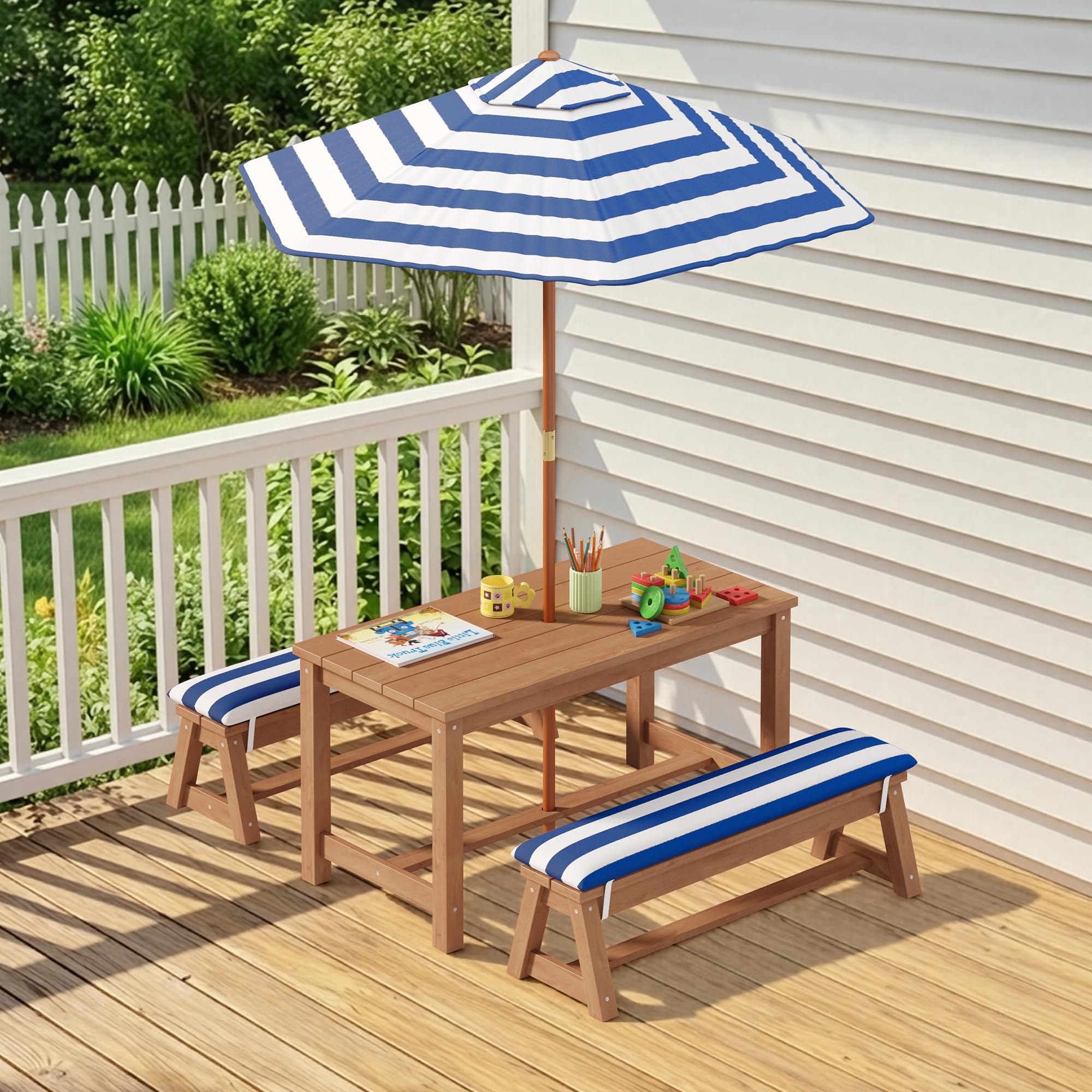 Set da giardino per bambini con parasole, set da esterno con cuscini, tavolo per bambini,tavolo da gioco per cortile,giardino, portico,patio,Blu