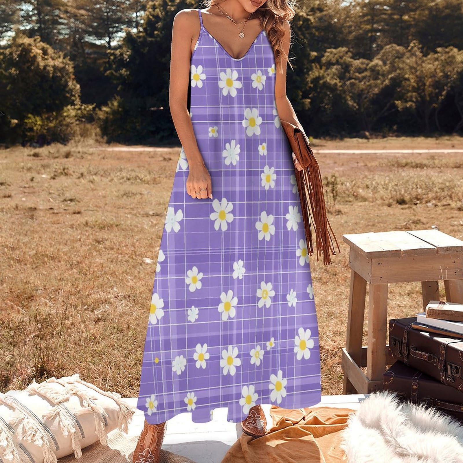 Vestido casual para mujer, con estampado de flores y margaritas, ajustable, largo hasta el tobillo, con volantes, vestido de verano fluido