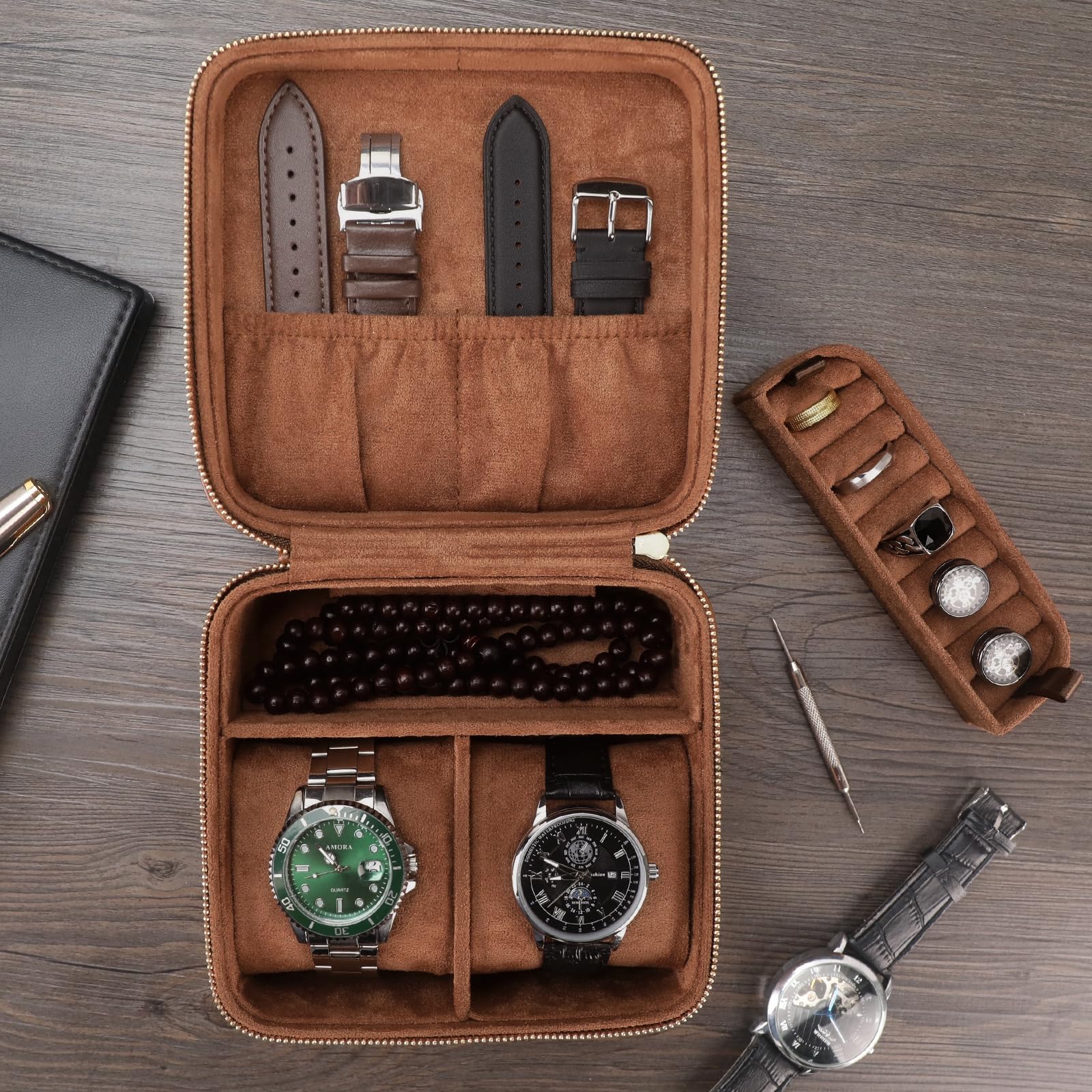 Custodia da viaggio con 2 scomparti per orologi, con scomparto per accessori, collane, anelli, gemelli, custodia portatile da viaggio in pelle PU con cerniera, ideale come regalo (marrone)
