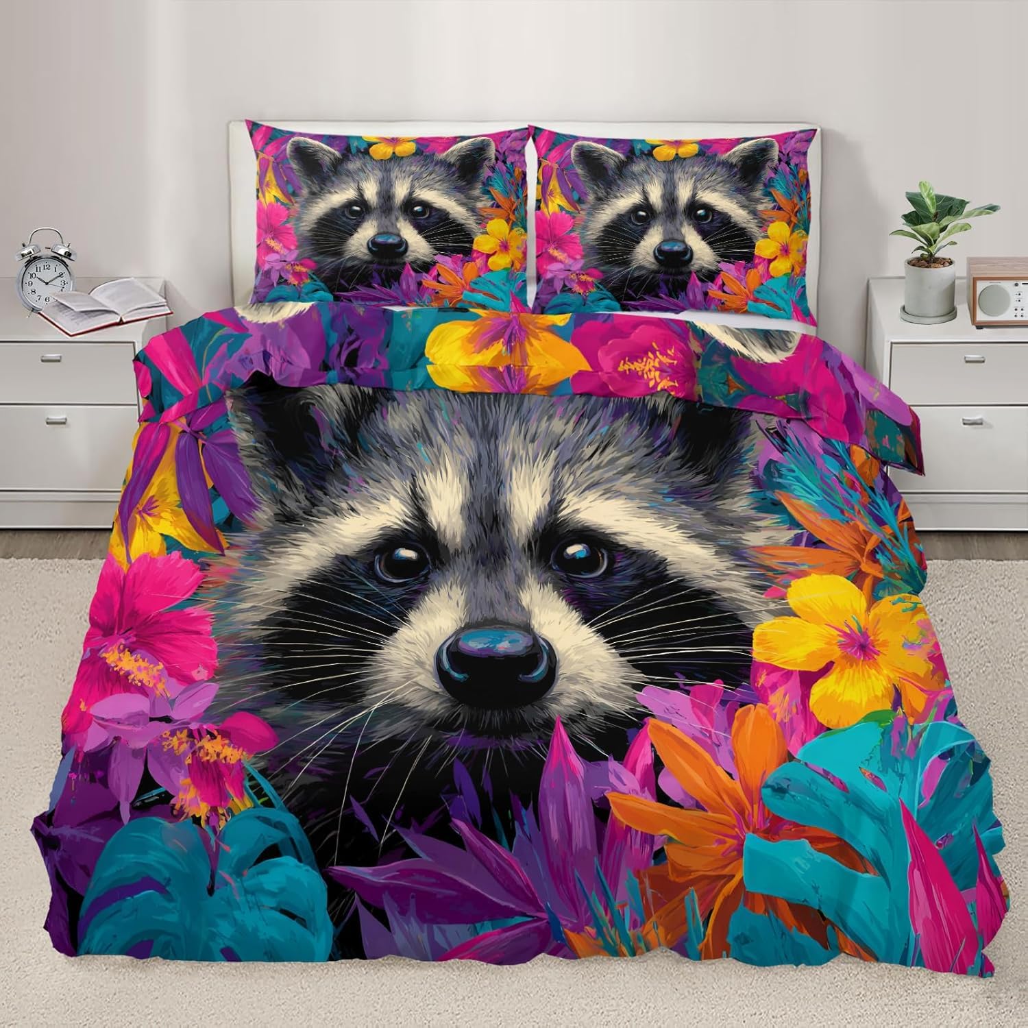 NDXRWDZR Double Duvet Cover Set Raccoon Duvet Cover with Zipper Closure Bedding for Aldults Kids Soft Hypoallergenic Microfiber Quilt Cover 200x200 cm + 2 Pillowcases 50x75 cm