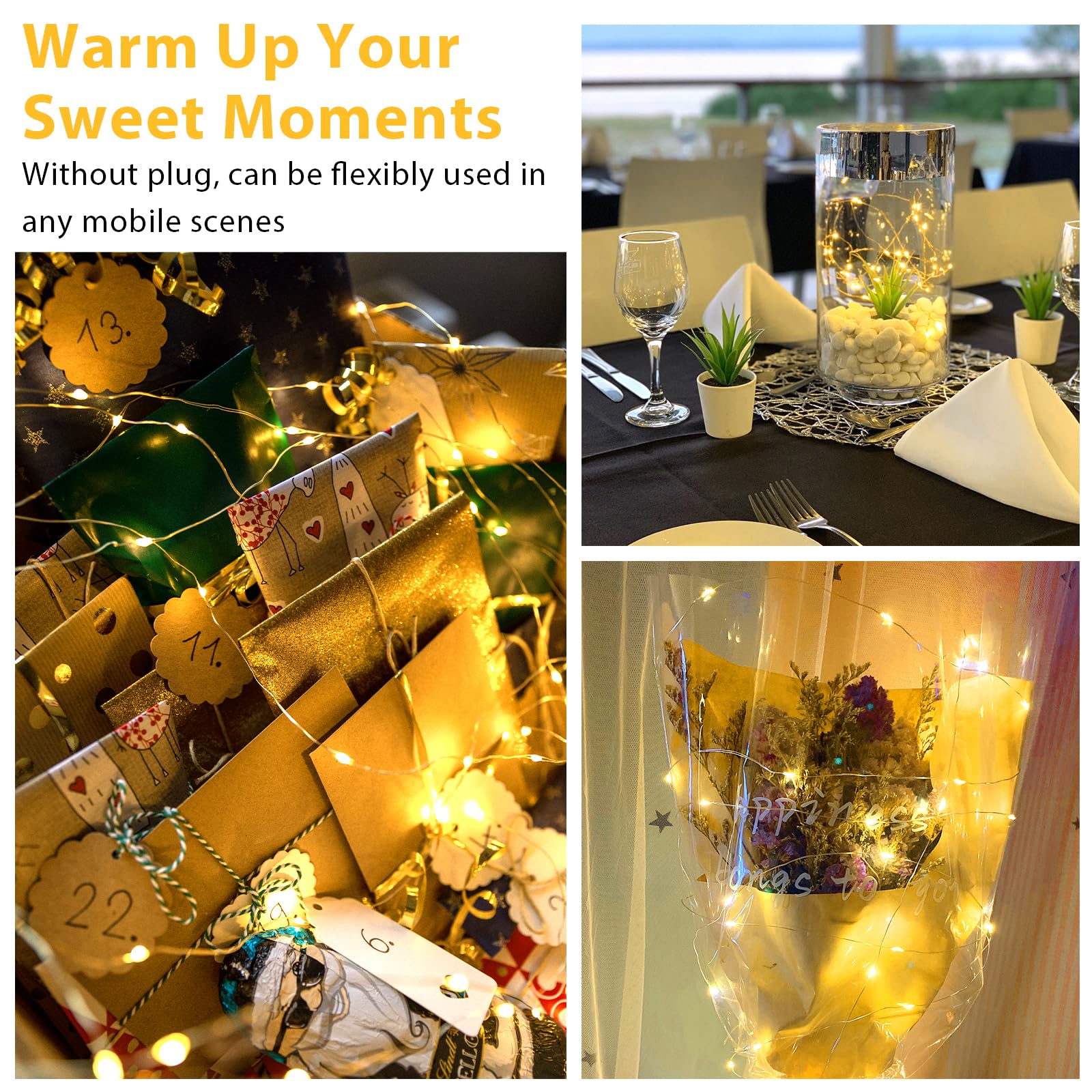 Guirlande lumineuse à piles pour l'intérieur avec minuterie et batterie pour Noël, décoration de Noël, mariage, 3 m, blanc chaud