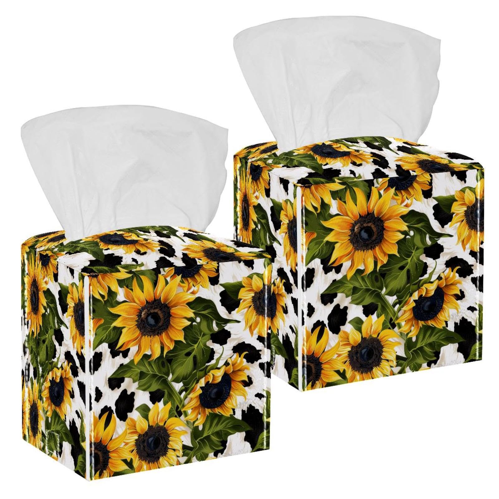 Sunflowers Cow Tissue Box Cover, 2 Pack PU Leather Square Facial Tissue Dispenser Box holder for Home Office Car