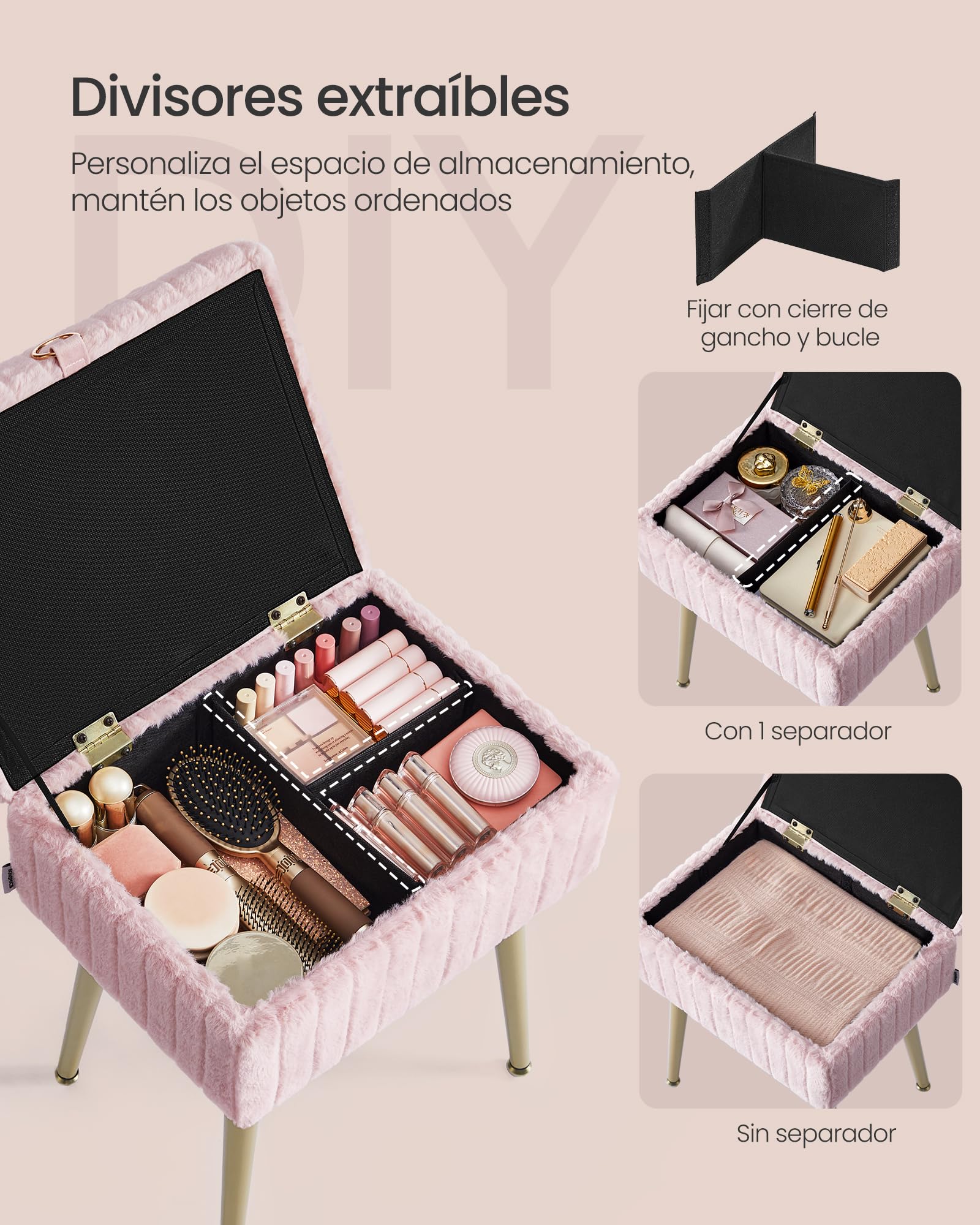 SONGMICS Taburete de Tocador, Banco de Maquillaje con Espacio, Reposapiés, Patas de Metal, Acolchado, Pies Ajustables, para Sala de Estar, Dormitorio, Rosa Jalea LOM505SZ02