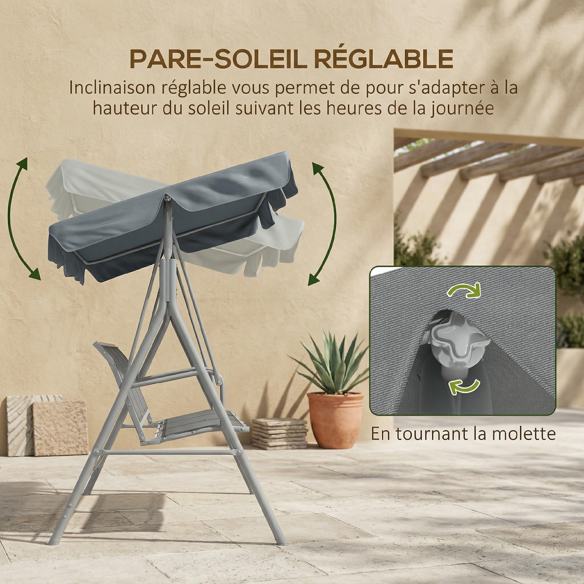 Outsunny Balancelle de Jardin 3 Places Grand Confort Toit imperméable Structure en Acier Gris