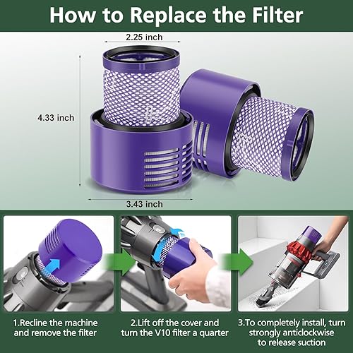 Vista 4 de Paquete de 2 filtros V10 de repuesto para Dyson Cyclone Series, Cyclone V10 Absolute, Cyclone V10 Animal, Cyclone V10 Motorhead, Cyclone V10 Total