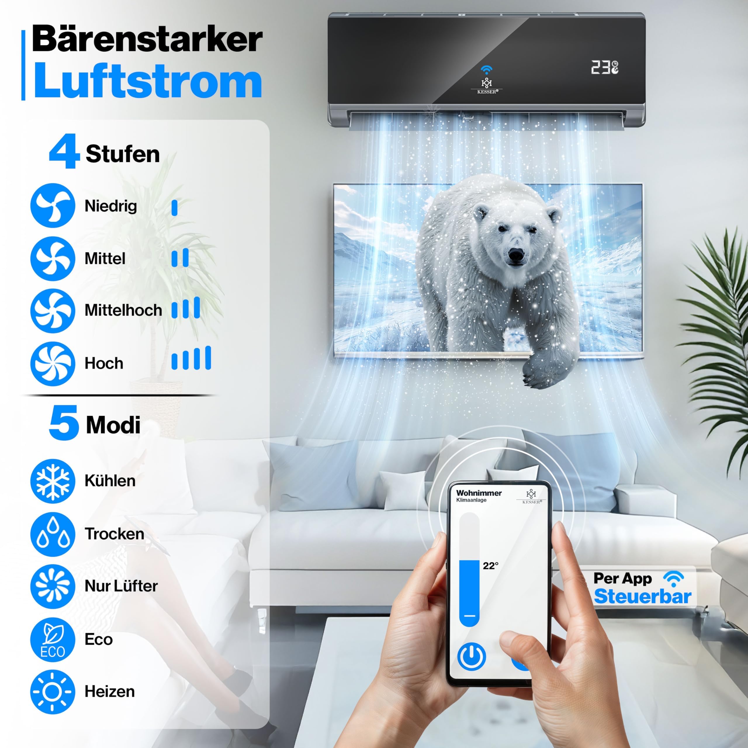 KESSER® Climatiseur Split Quick Connect - WiFi & App - Climatiseur avec fonction chauffage et mode refroidissement - Climatiseur mural - Avec câble en cuivre 12000 BTU 3,4 kW - Réfrigérant R32
