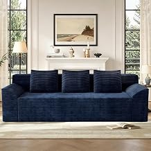3-Seater Boneless Couch, Oversized Modern Comfy Floor Compressed Loveseat Sofa with 3 Pillows, Corduroy Memory Foam No Assembly RV Sofa Couch for Living Room, Office, Blue Inclined Armrest