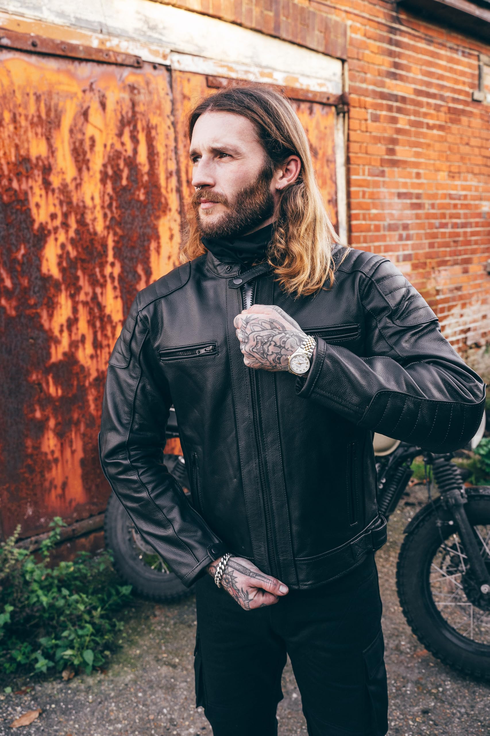 Texpeed Men's Motorcycle Leather Jacket with Protectors - Black