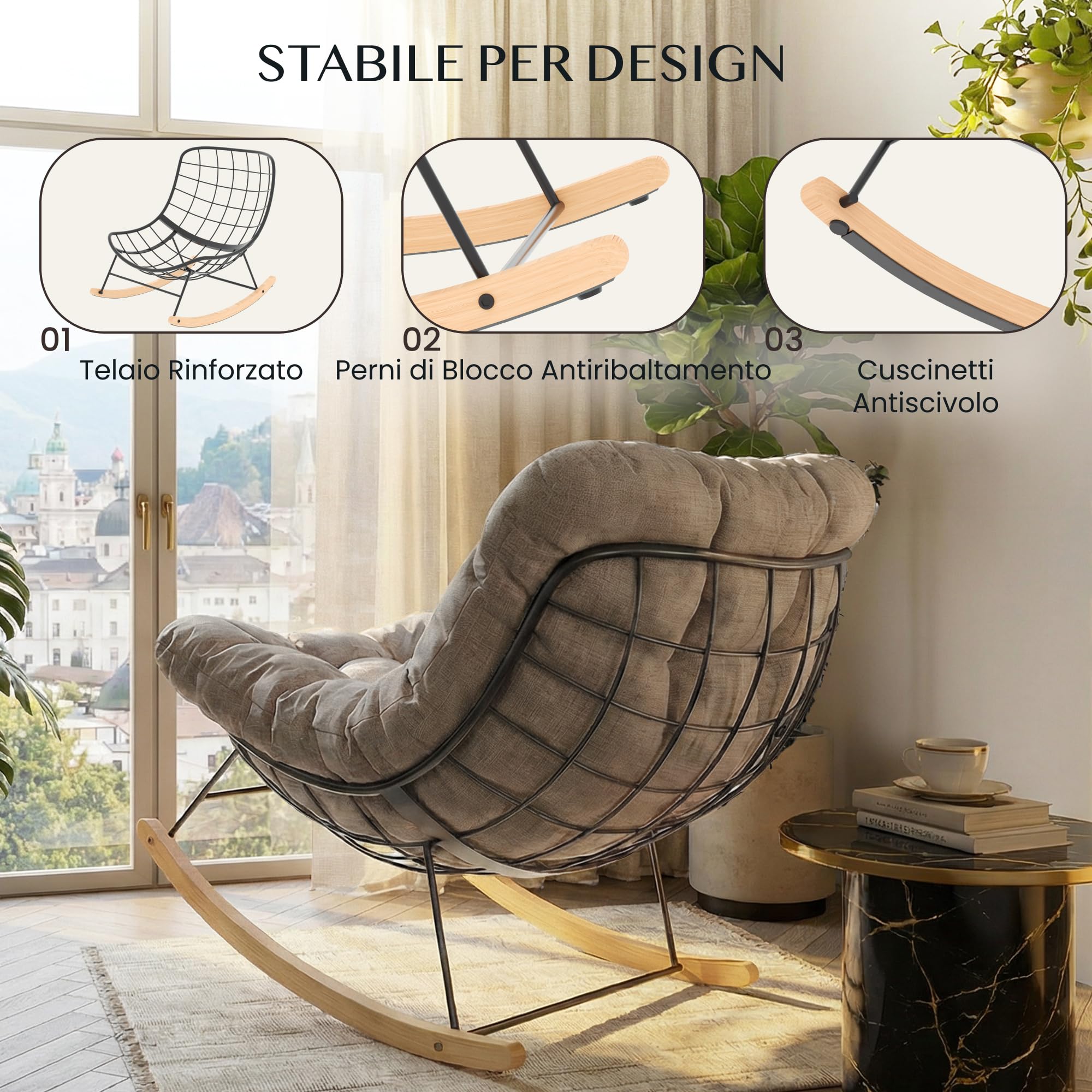 FLEXISPOT Sedia a Dondolo da Giardino, Poltrona Relax Ergonomica con Poggiatesta Imbottito, Struttura in Metallo Robusta, per Balcone, Terrazza e Soggiorno