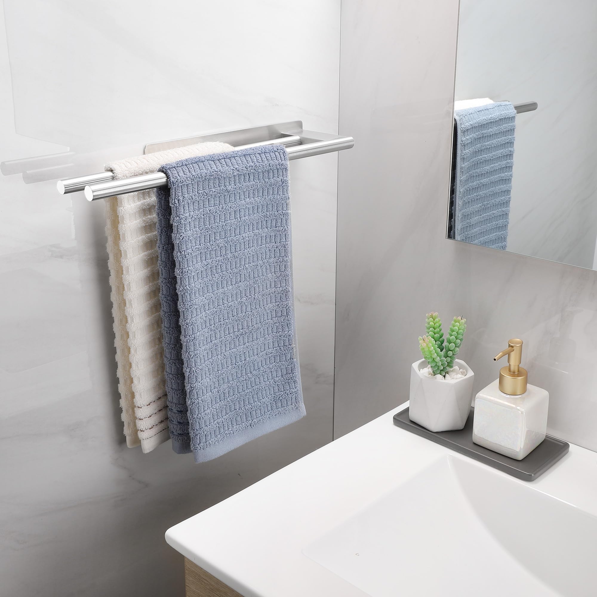 Porta Asciugamani Bagno Adesivo, Portasciugamani Adesivo Bagno Doppio, Porta Salviette da parete per Cucina in Acciaio Inox, Argento