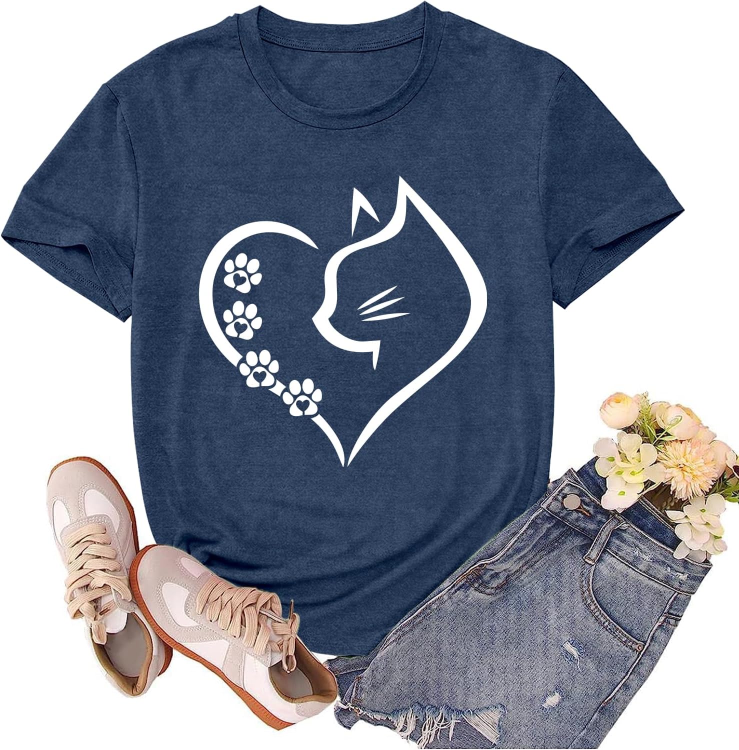 sallrue Cat Shirts for Women Cat Mom Tshirts Pet Lover Shirt Cats Paw Print Tee Tops