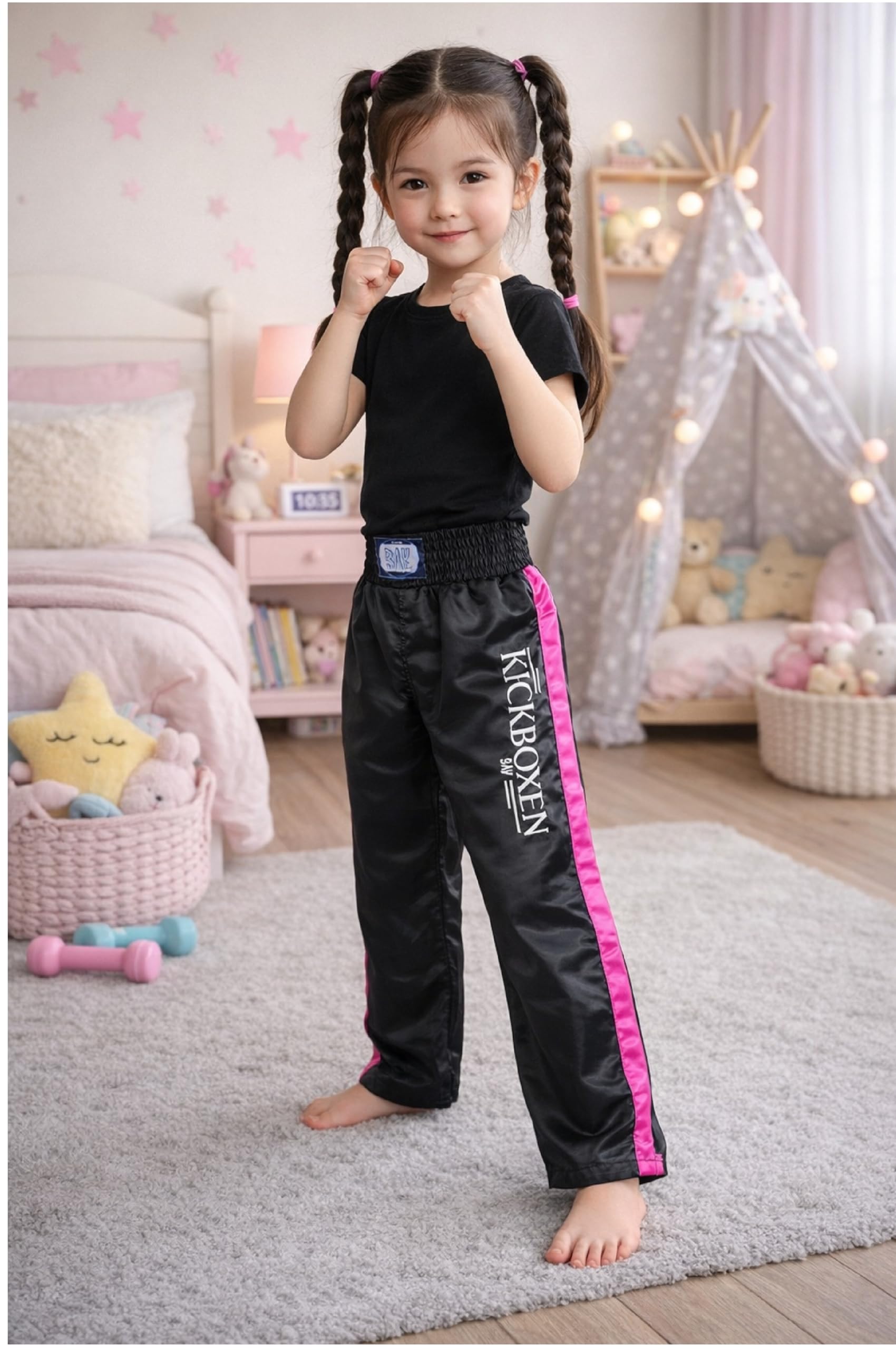 BAY Edel Stick Kickboxhose Kampfsporthose Schwarz lang Streifen in Pink seitlich Polyester gestickter Schriftzug Erwachsene Damen Herren Kinder Jungen Mädchen Größen 4XS - L