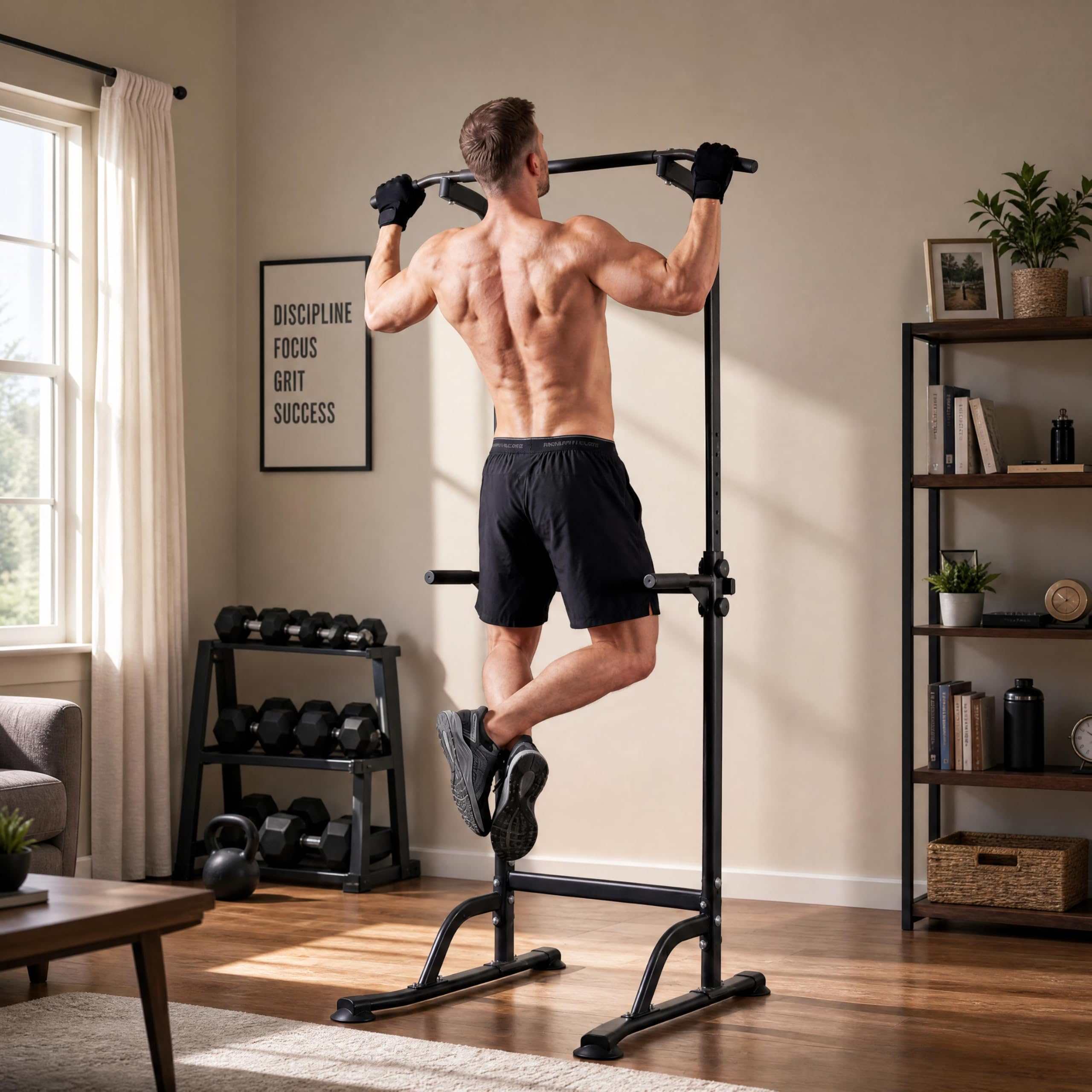 Power Tower for Home Gym, Adjustable Pull Up Bar and Dip Station, Heavy Duty Strength Training Tower for Chin Ups, Dips, Knee Raises and Push Ups, 10 Height Settings, 150 kg Capacity