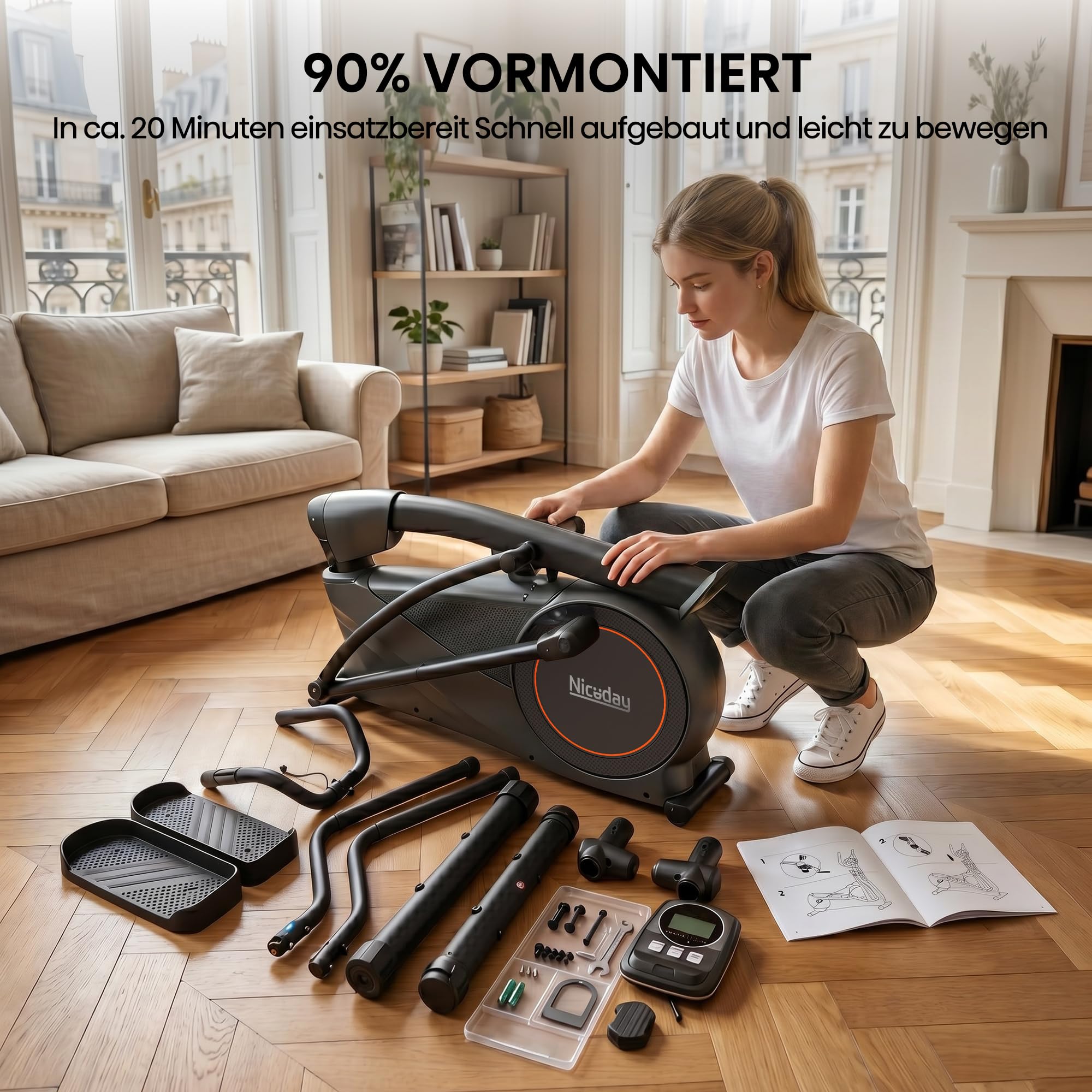 Ellipsentrainer mit 51 cm Schrittlänge, Crosstrainer für Zuhause, 32 Magnet-Widerständen und 20-stufiger Power-Incline (Black+Gold)