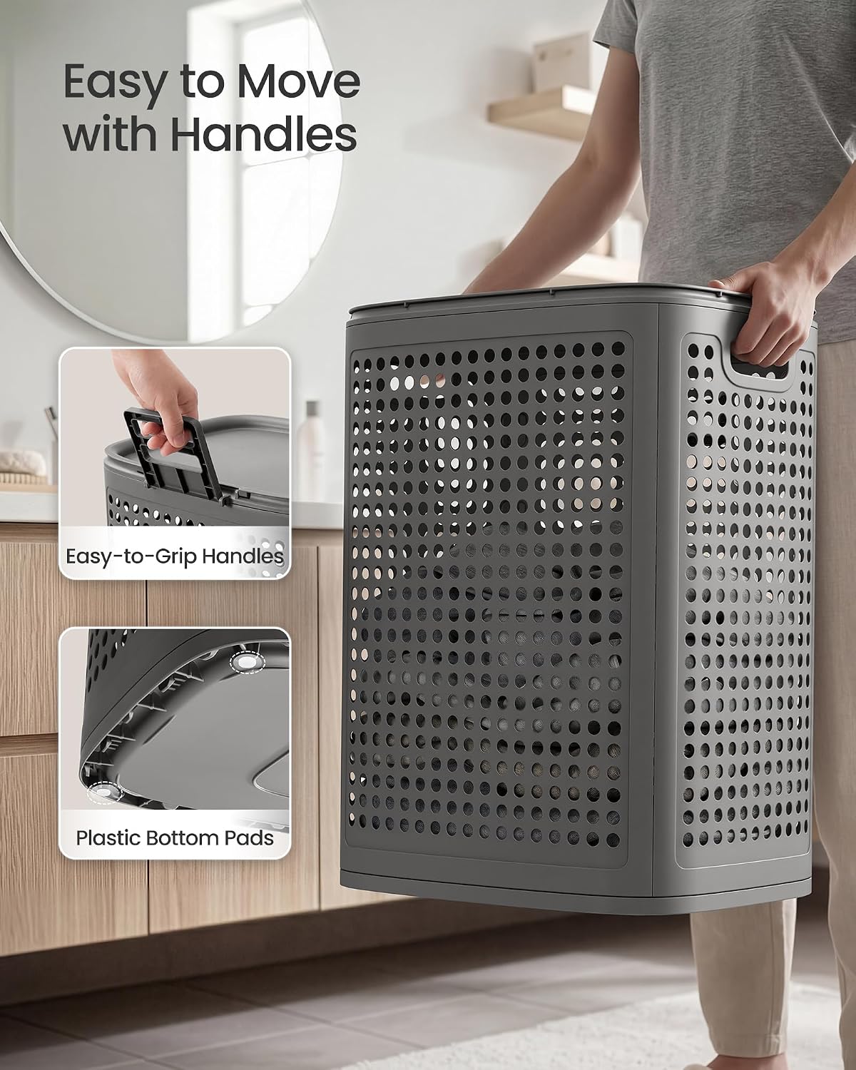 SONGMICS Laundry Hamper with Lid, 75 L Ventilated Basket, Cutout Handles image 5