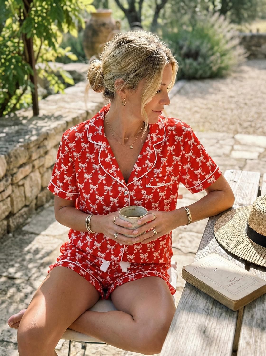 KevaMolly Womens Christmas Lounge Sets Candy Cane Print Pocketed Knotted PJ Set Short Sleeve Xmas Top and Shorts - Image 3